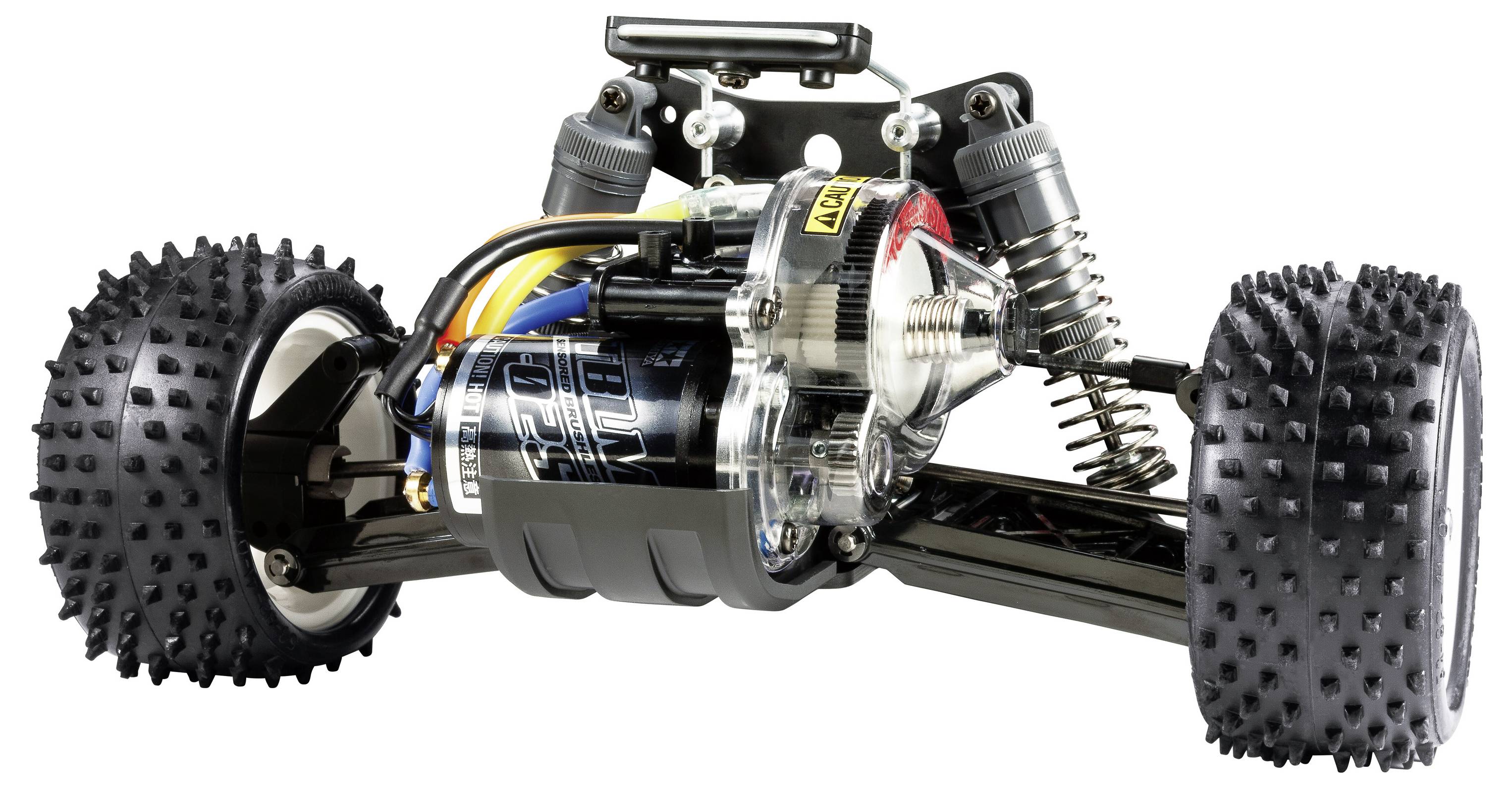 Un châssis de voiture télécommandée avec un moteur et une suspension apparents, des composants câblés mis en évidence et des pneus à gros profil.