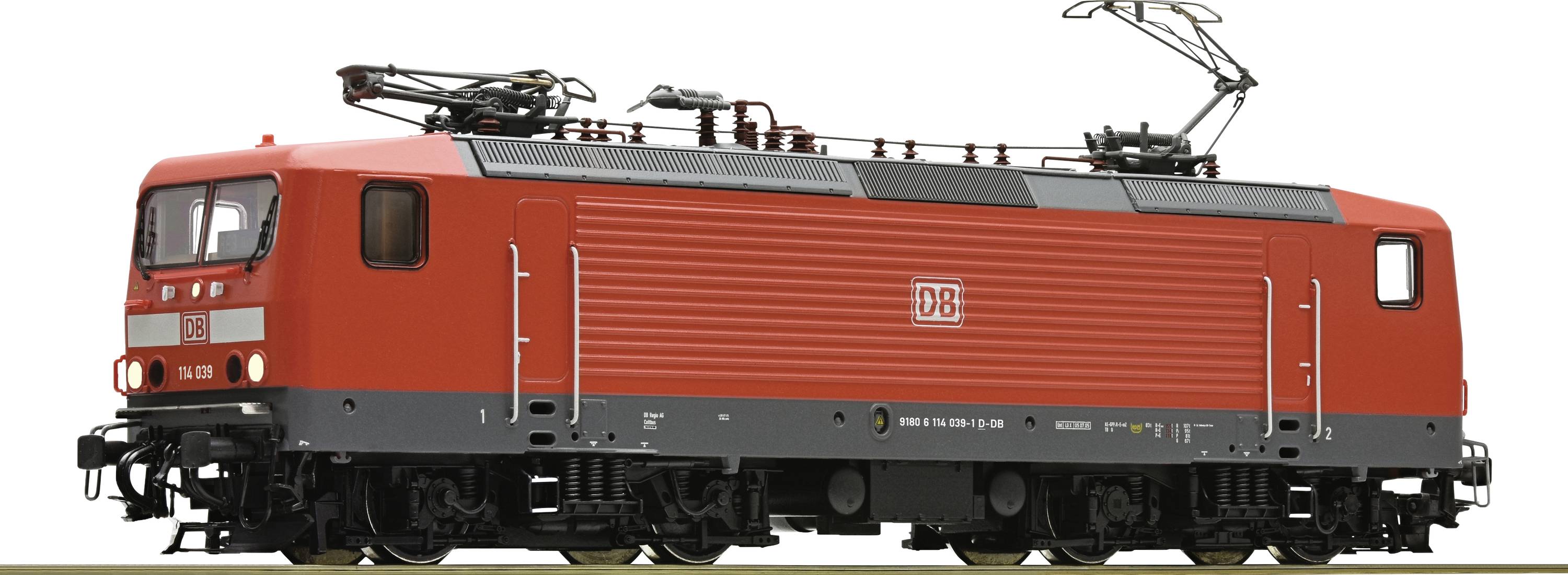 Locomotive rouge avec le logo DB, vue latérale, montrant le pantographe et les détails techniques.