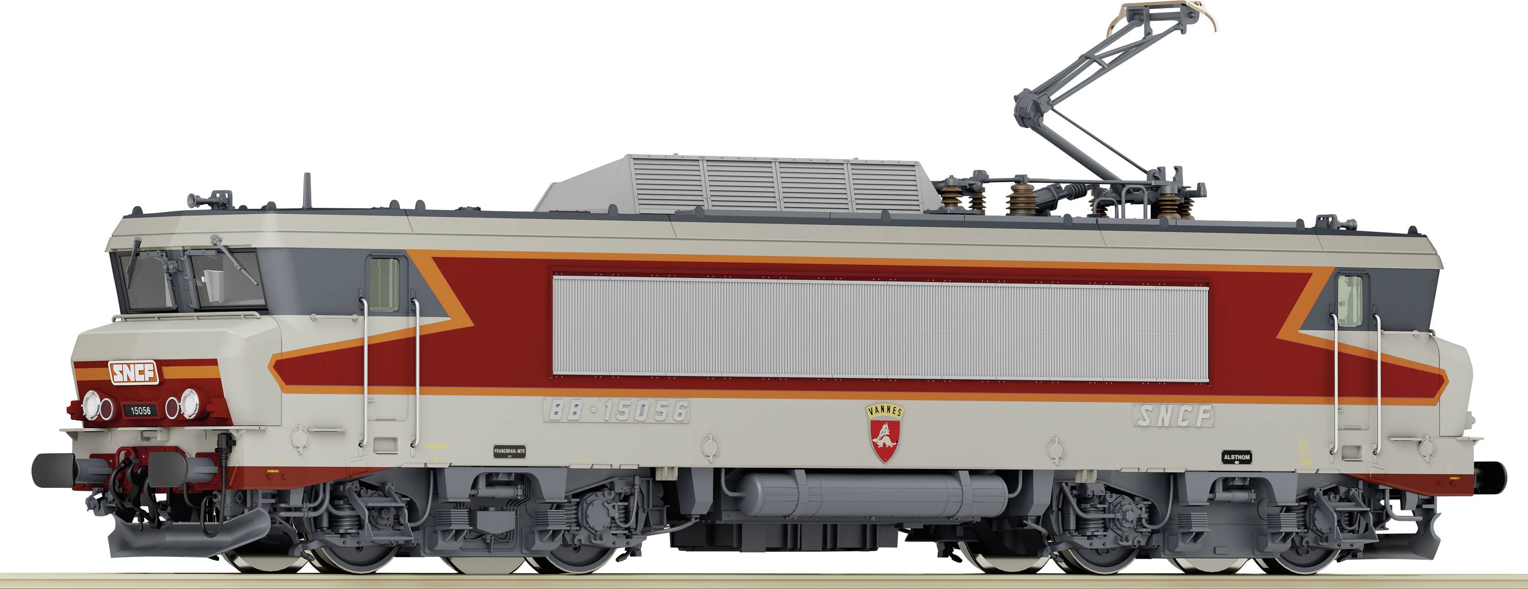 Un modèle d'une locomotive électrique peinte en gris et rouge. Un pantographe en haut, le logo SNCF sur le côté. Numéro de locomotive : BB 15048.