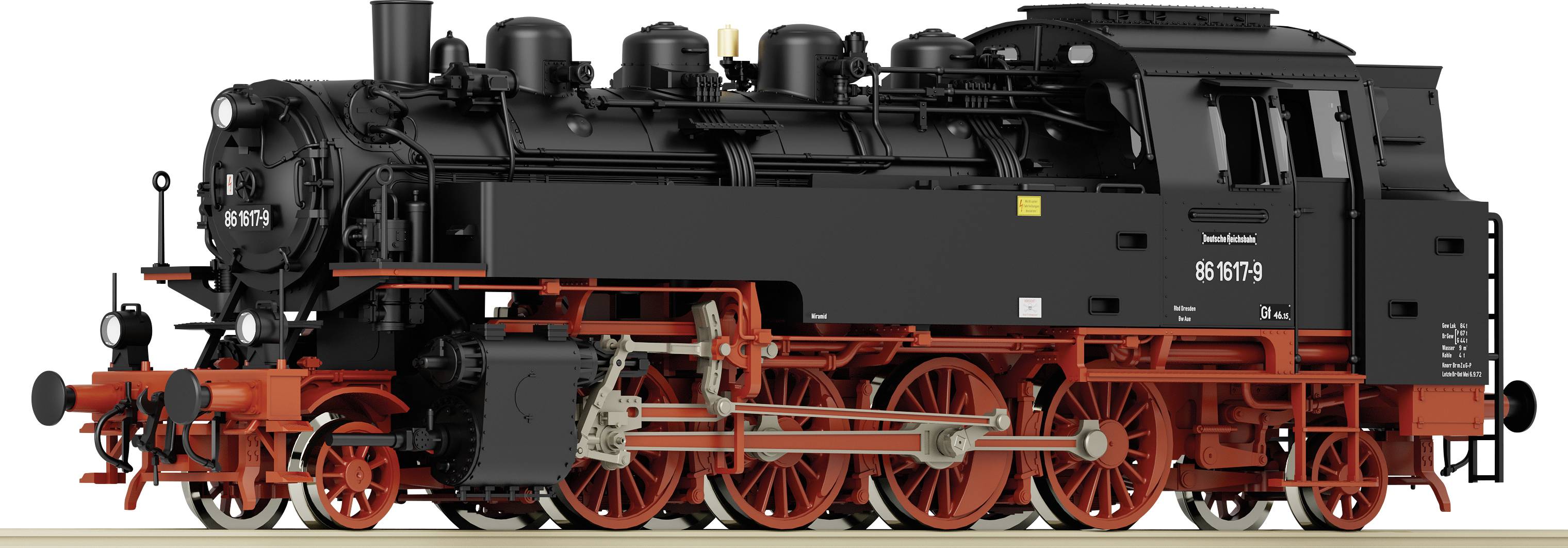 Locomotive à vapeur de la série 86 en noir et rouge, vue latérale, montrant les détails des roues et du châssis.