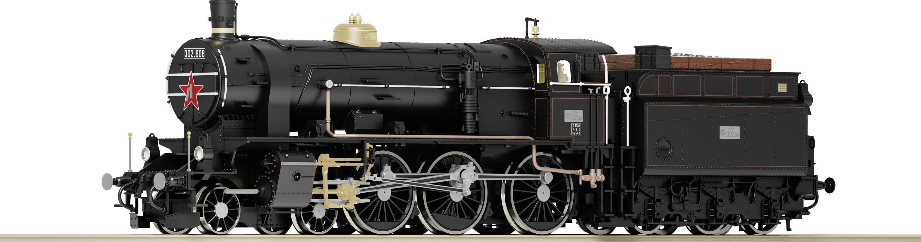 Un modèle classique de locomotive à vapeur noir avec des détails rouges et des accents dorés, posé sur un rail sur le côté.