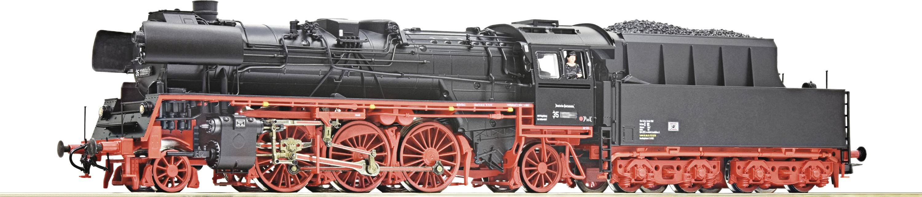 Une illustration détaillée d'une ancienne locomotive à vapeur en noir et rouge, vue de profil.