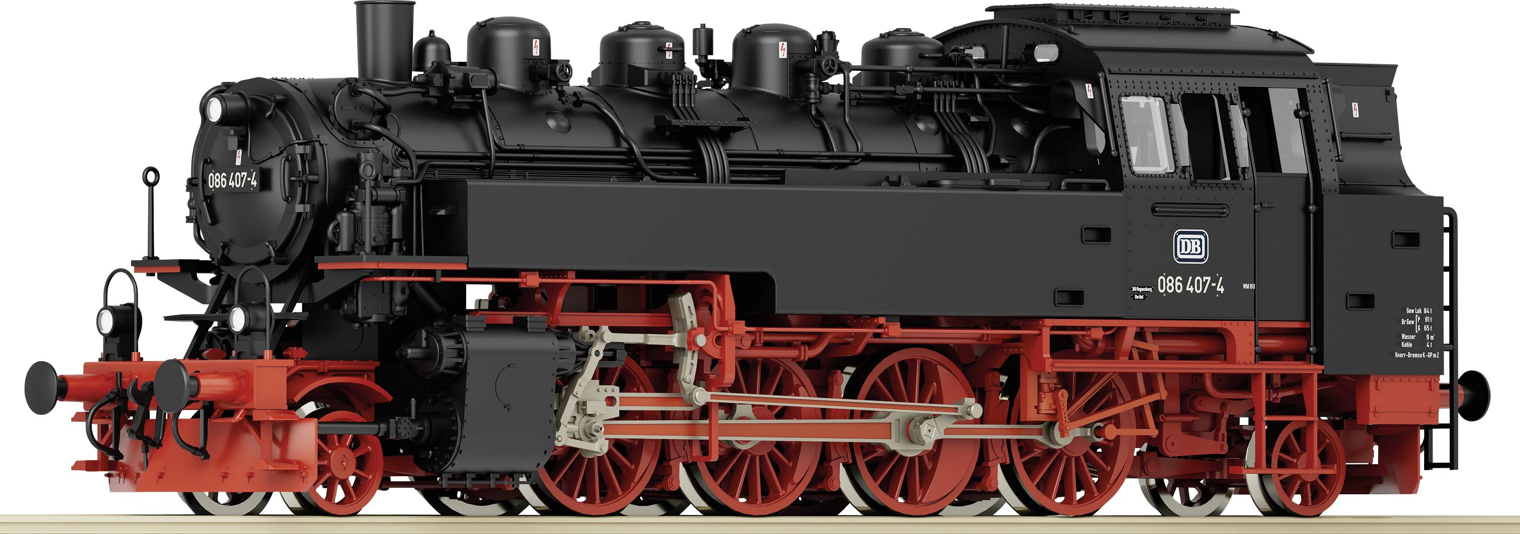 Un modèle de locomotive à vapeur noir avec un châssis rouge. La chaudière, la cabine de conduite et les roues sont visibles. Inscription « DB 064 007-7 ».