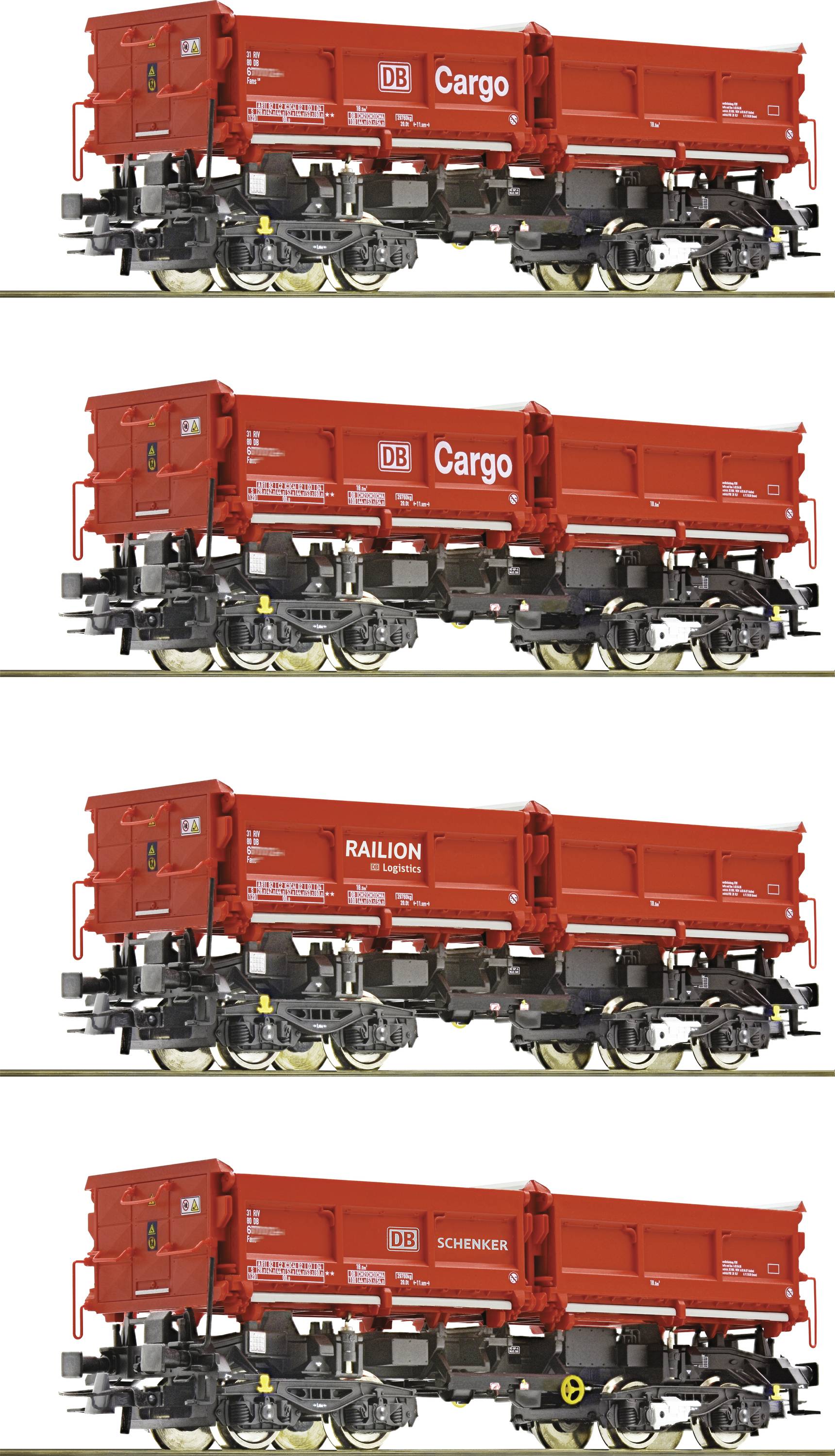 Quatre wagons de marchandises rouges avec les logos de Deutsche Bahn : « DB Cargo », « RAILION » et « SCHENKER », placés sur un fond blanc.