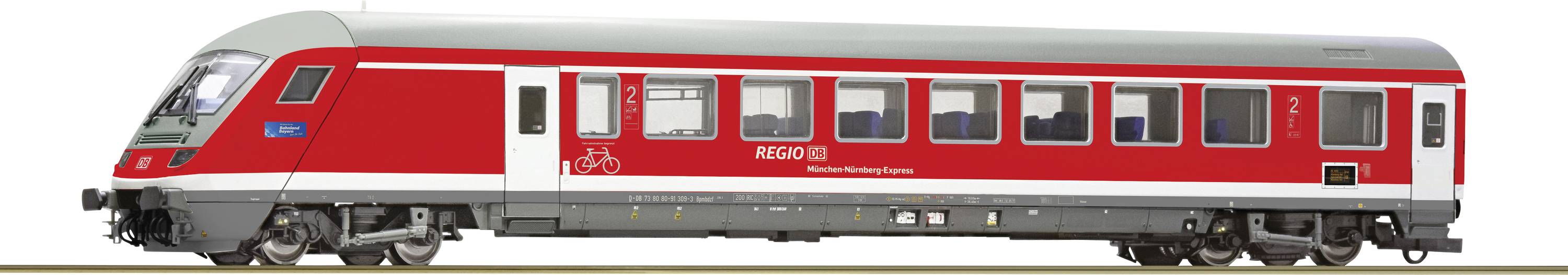 Une voiture de train régional rouge avec un toit gris de la Deutsche Bahn, stationnée sur une voie. Un symbole de vélo est visible à gauche, des sièges à droite.