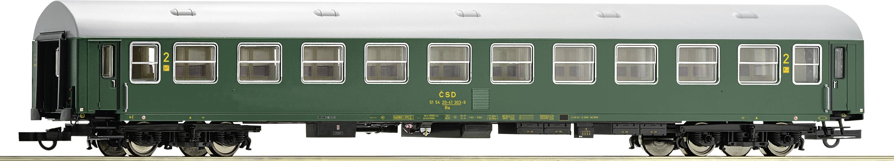 Une voiture de voyageurs de train miniature verte avec un toit argenté et plusieurs fenêtres. Véhicules pour la représentation de modélisme ferroviaire.