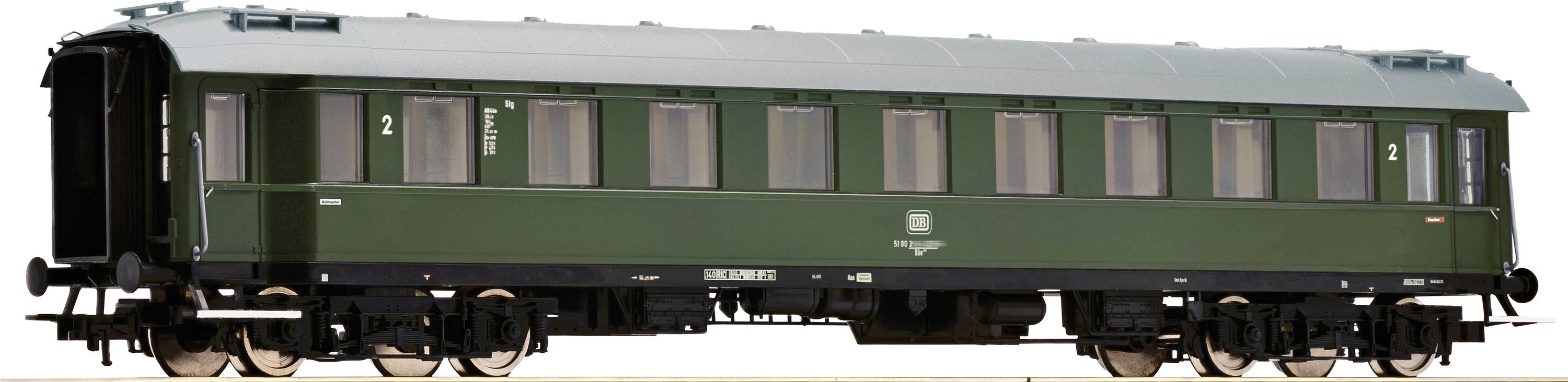 Wagon de chemin de fer vert de la Deutsche Bundesbahn portant l'inscription '2ème classe', avec sept fenêtres par côté, modèle très détaillé.