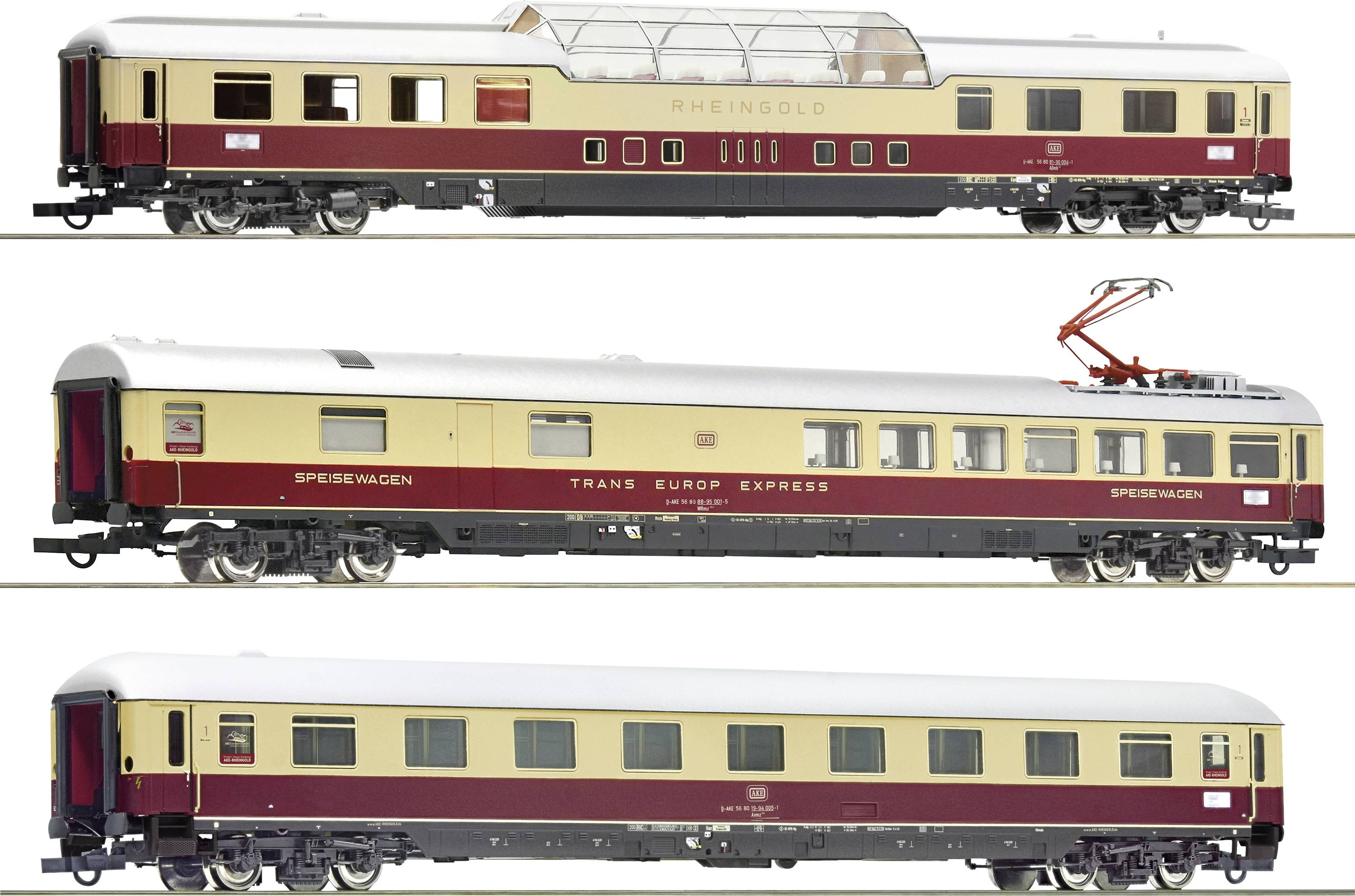 Trois wagons de train miniatures : En haut, un wagon panoramique 'Rheingold', au milieu, un wagon-restaurant 'Trans Europ Express', en bas, un wagon de voyageurs standard.