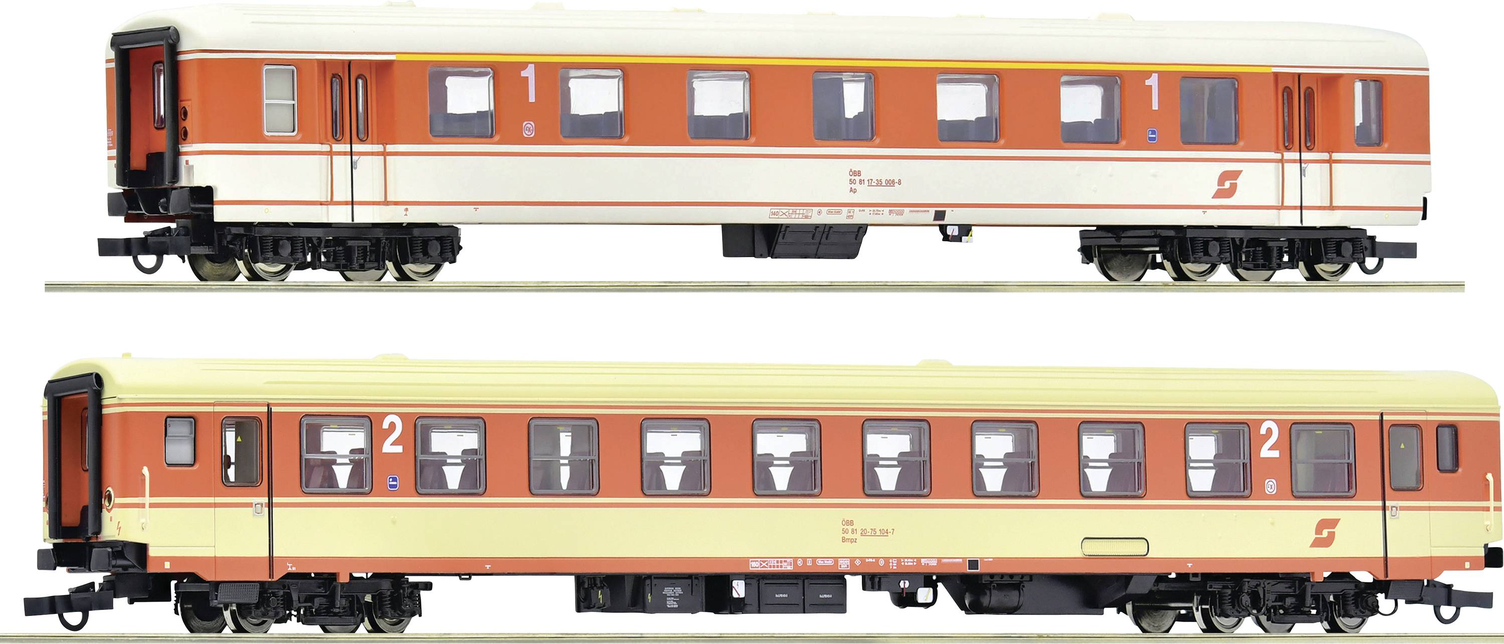 Deux wagons de train miniature, le supérieur en rouge et blanc portant l'inscription '1', l'inférieur en crème et rouge portant l'inscription '2'.