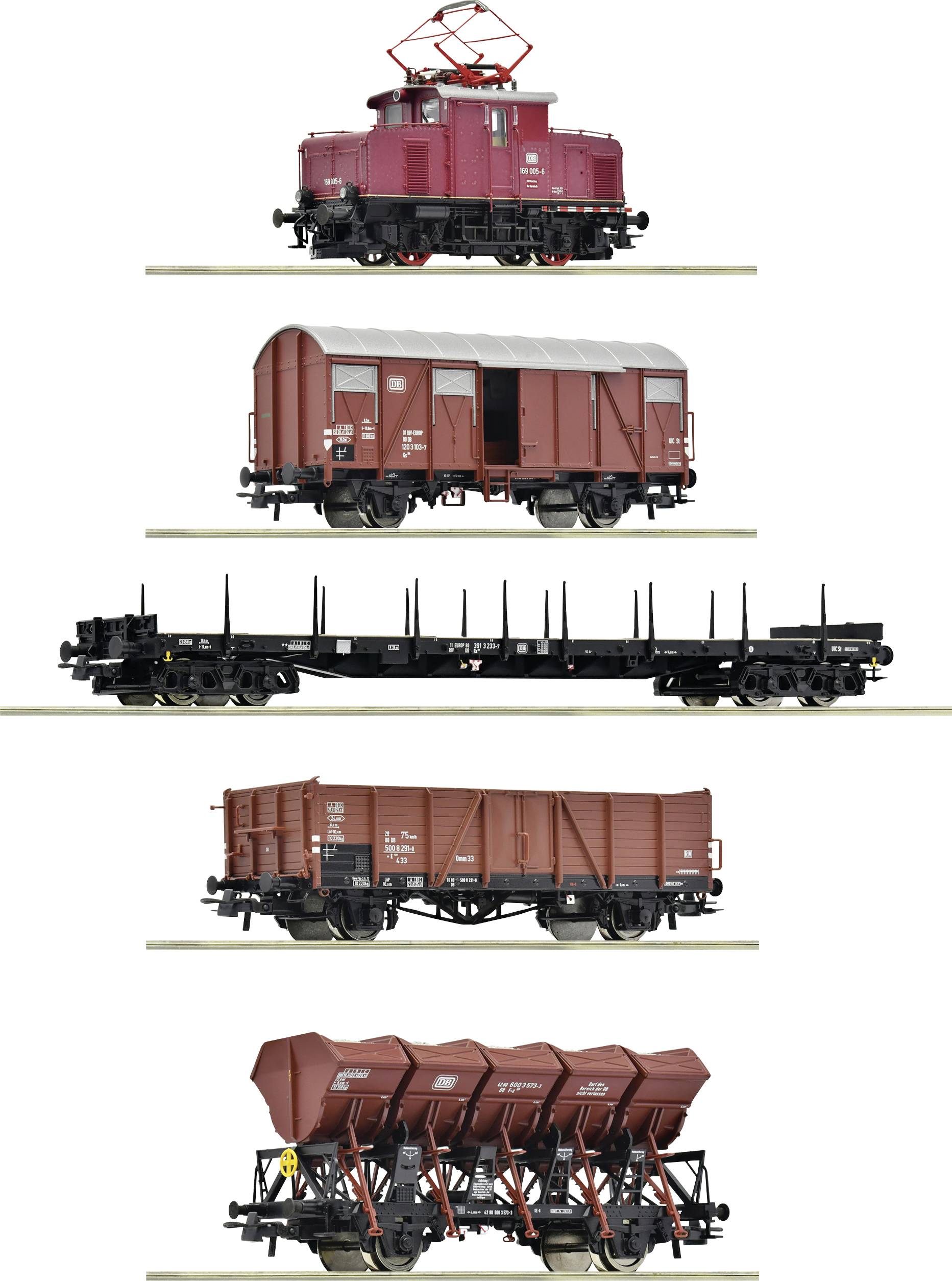 Cinq wagons de modélisme ferroviaire de différents types et couleurs, comprenant un wagon de marchandises, un wagon à déchargement automatique et un wagon ouvert.