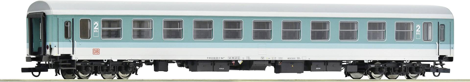 Une voiture de voyageurs de deuxième classe pour train miniature, peinte en turquoise et blanc, portant l'inscription '2' indiquant la classe.