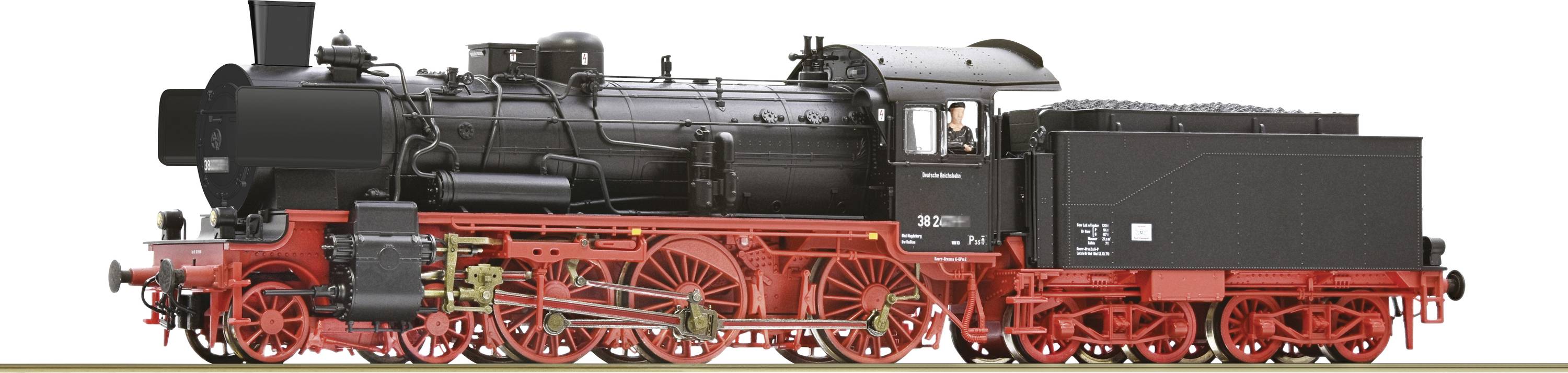 Locomotive à vapeur noire avec roues rouges et tampon, vue latérale. Modèle historique sur rail, technique détaillée visible.