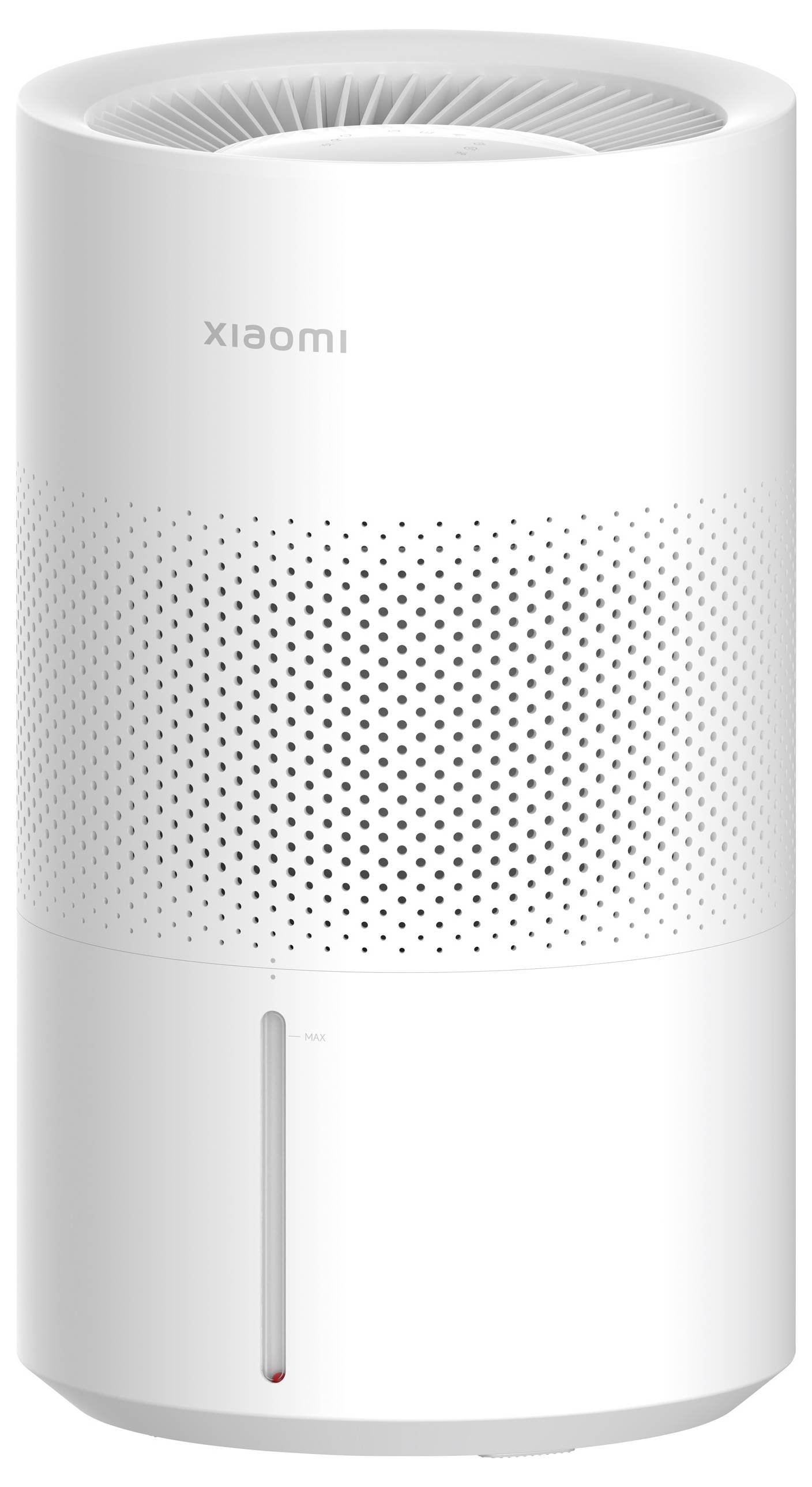 Un purificateur d'air blanc cylindrique avec des ouvertures de ventilation perforées et une petite fente avec un indicateur rouge sur sa face inférieure.