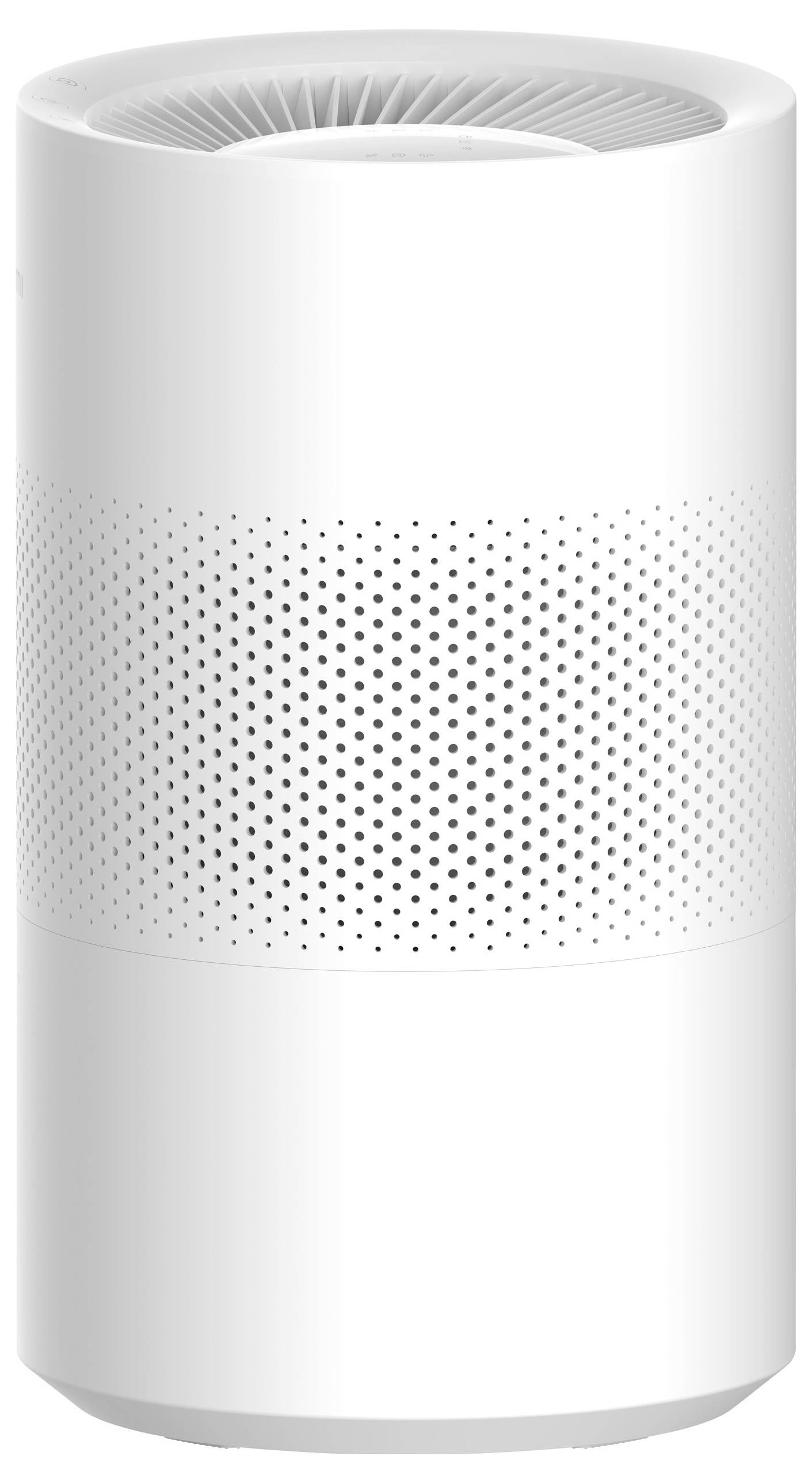 Un purificateur d'air blanc, cylindrique, doté d'une surface perforée et d'une sortie d'aération en haut.