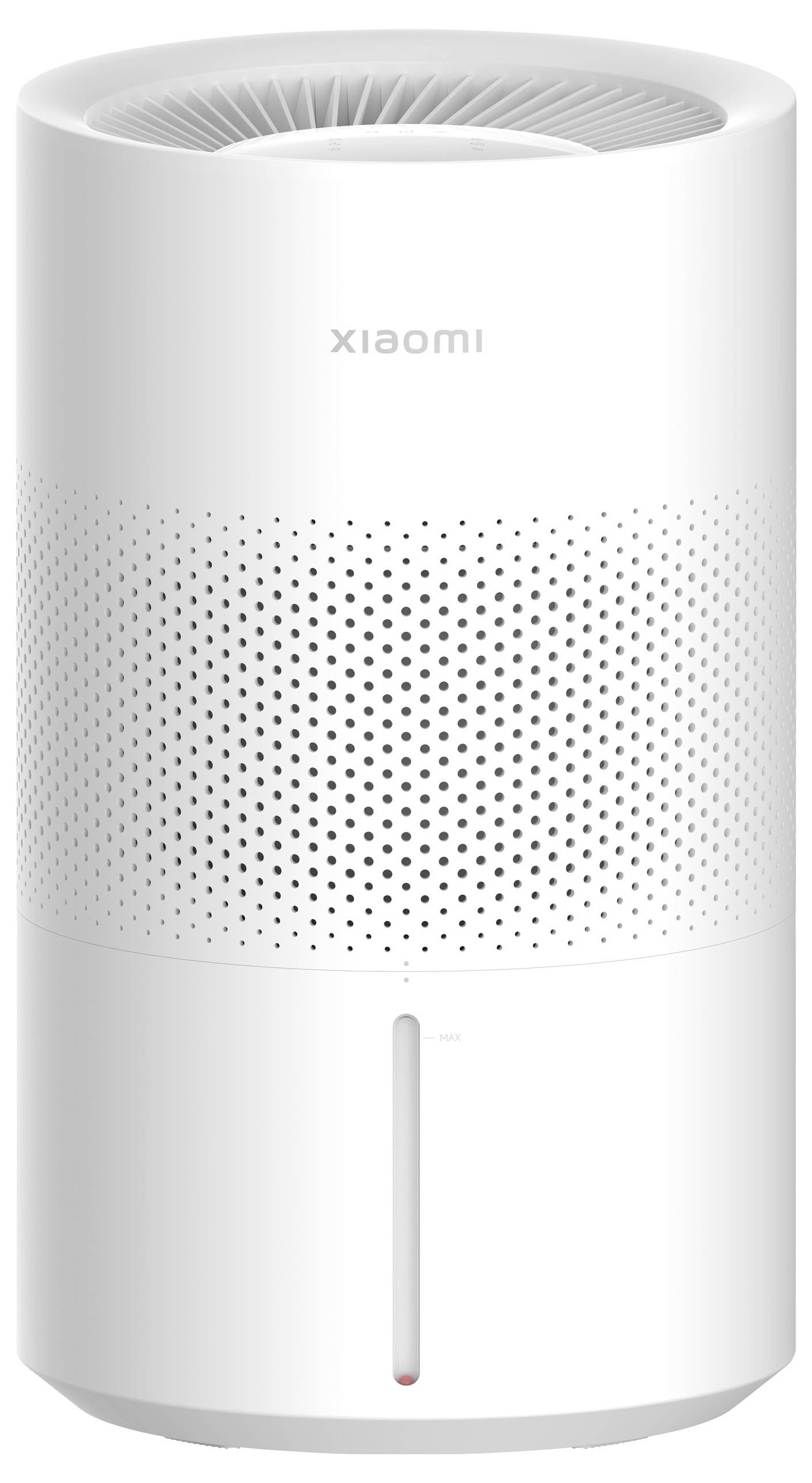 Un purificateur d'air blanc au design cylindrique et à la surface perforée. Le nom de la marque est situé en haut de l'appareil.