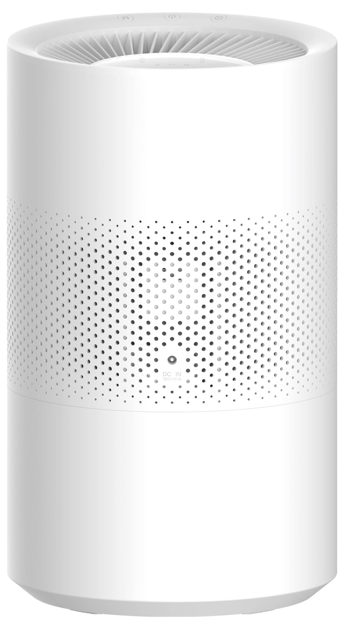 Un purificateur d'air blanc de forme cylindrique avec une partie centrale perforée pour la filtration de l'air. La sortie d'air se trouve en haut de l'appareil.