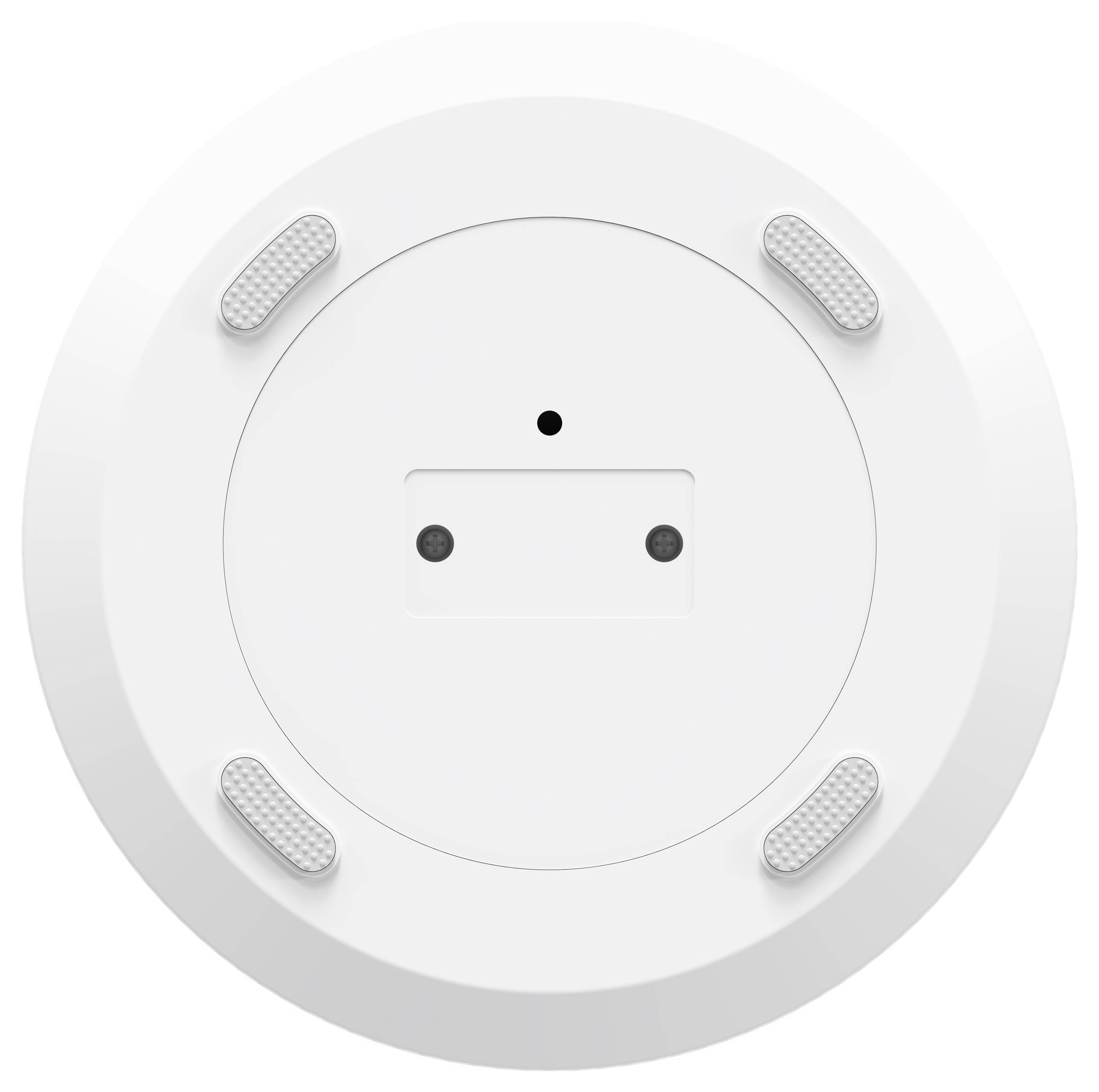 Détecteur de fumée blanc rond avec un capteur central et quatre voyants LED.