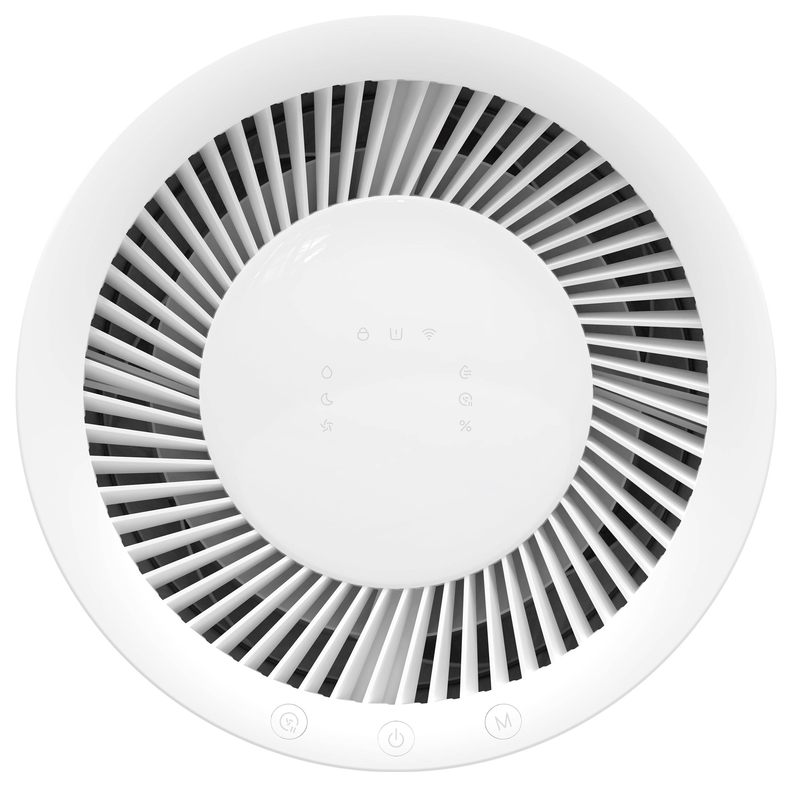 Un ventilateur de plafond rond blanc avec trois boutons de commande pour les réglages.