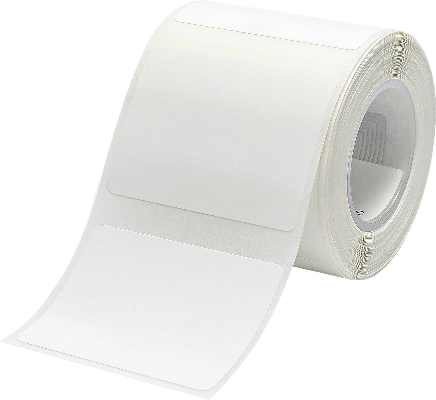 Un rouleau d'étiquettes rectangulaires blanches à imprimer.