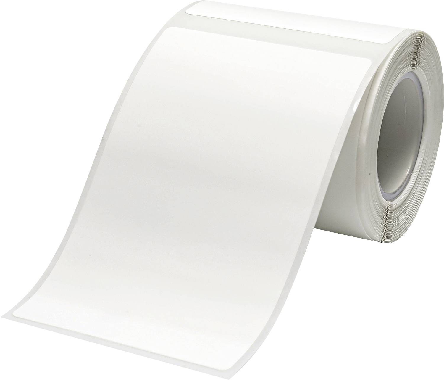 Un rouleau de papier étiquette blanc, légèrement déroulé, sur un fond neutre. Idéal pour imprimantes ou étiquetage.