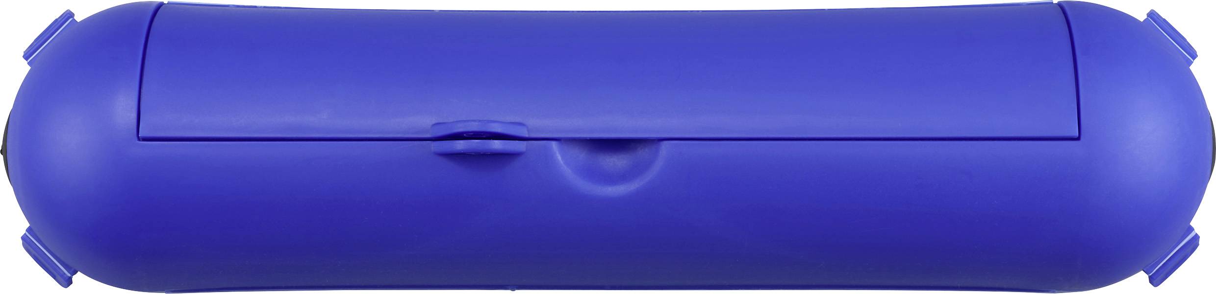 Boîte en plastique bleu cylindrique avec couvercle rabattable.