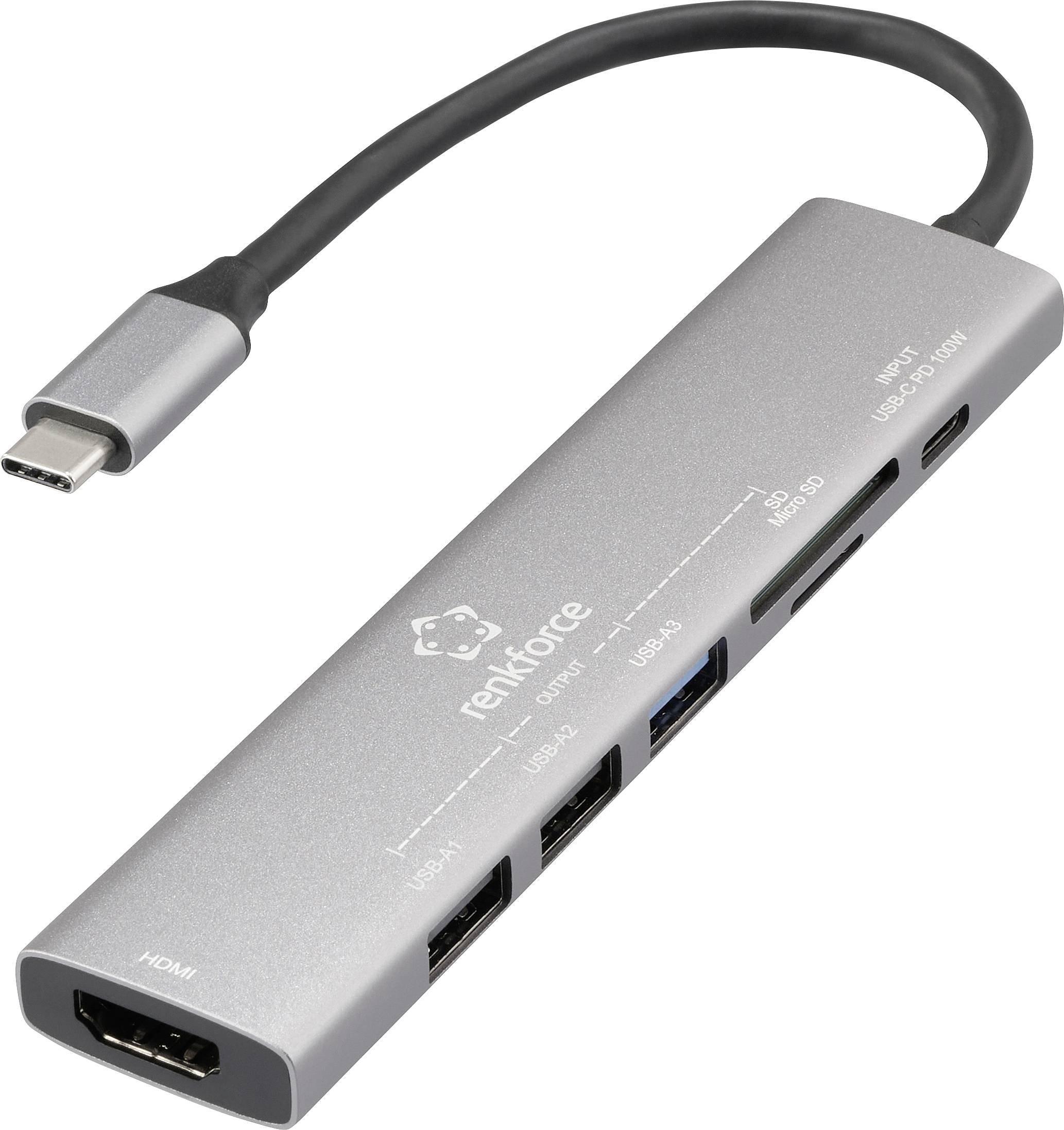 Un hub USB-C fin et argenté avec plusieurs ports, comprenant HDMI, USB-A et des emplacements pour carte SD, portant l'étiquette 'renkforce'.