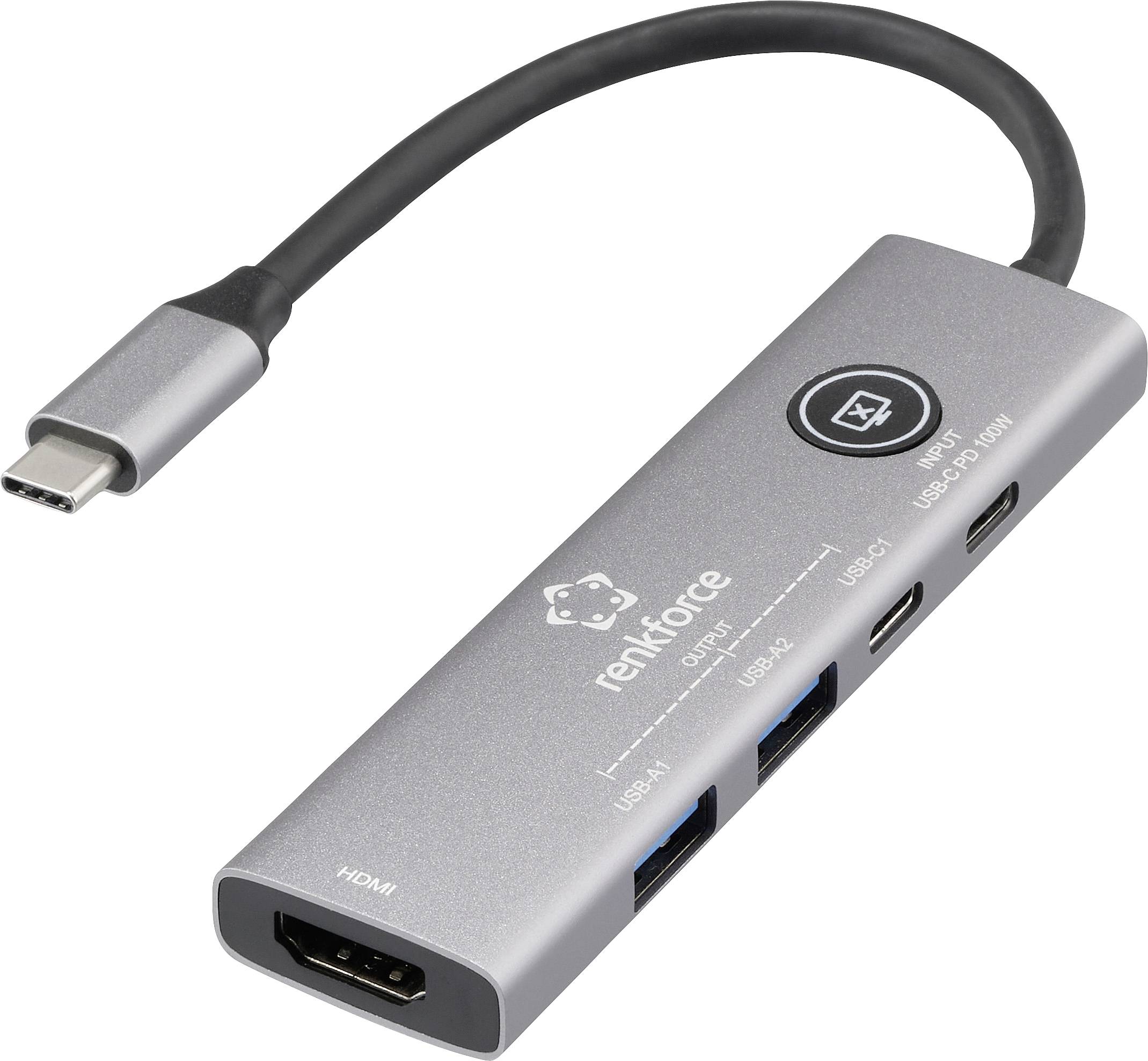 Adaptateur multiport USB-C avec ports HDMI, deux ports USB-A et deux ports USB-C ; design compact pour la connexion et la charge des appareils.