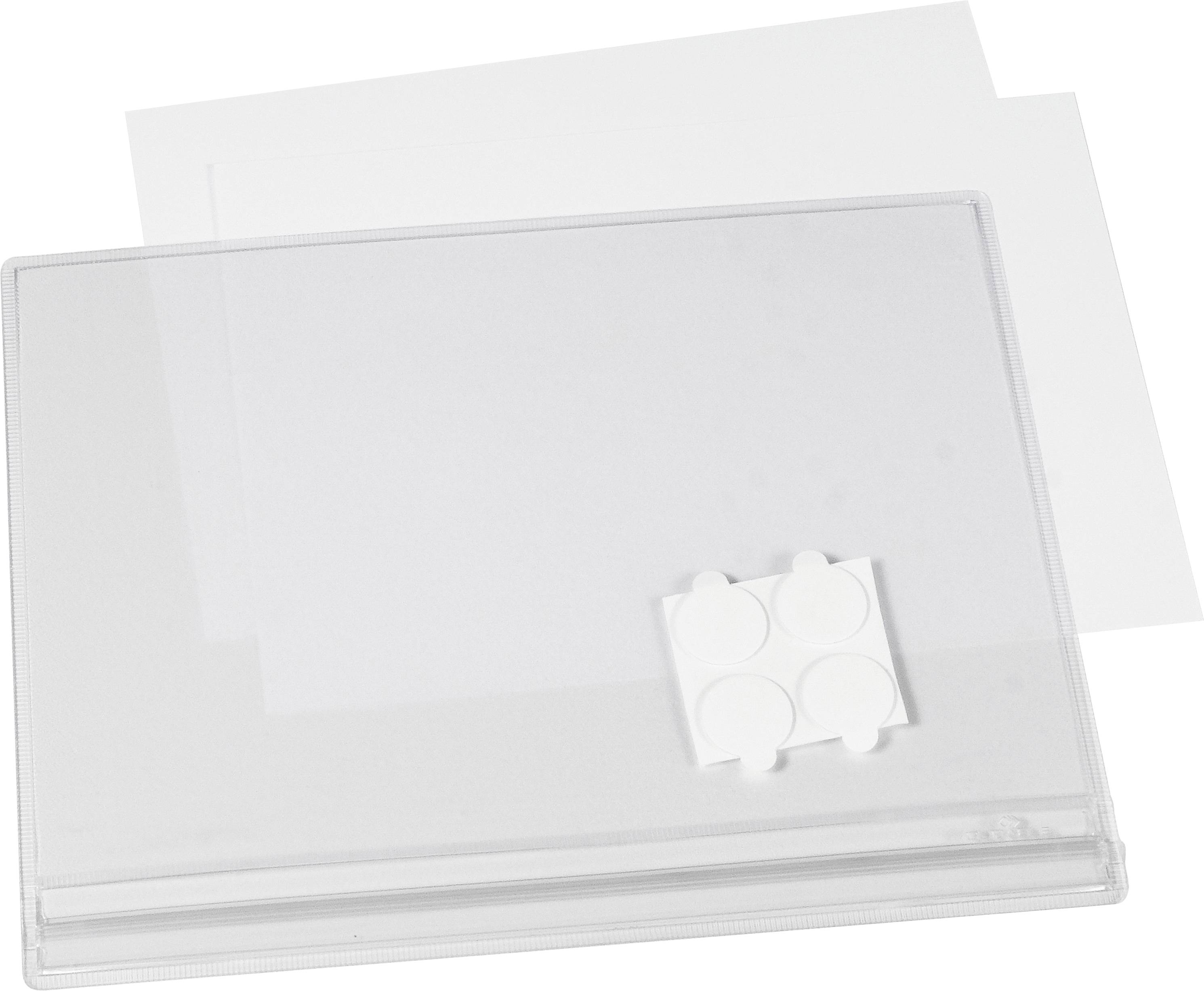 Une photo montre un support de CD transparent avec une pochette en papier et des autocollants blancs et ronds pour la fixation.