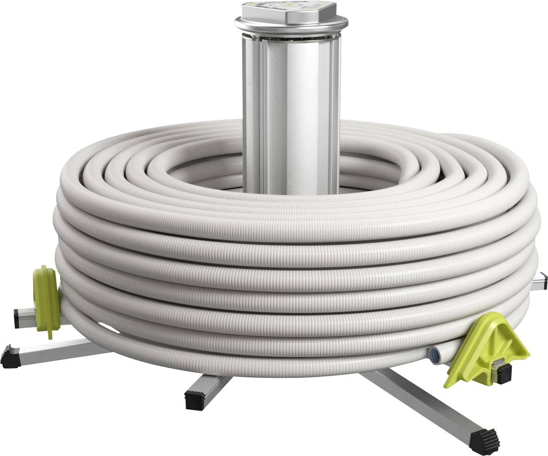 Grande bobine de câble blanche sur un support métallique avec des supports jaunes, adaptée pour une utilisation dans les travaux de construction ou l'industrie.