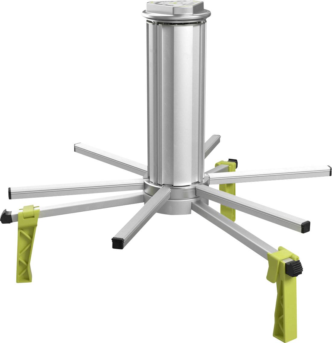 Une structure de support en aluminium argenté avec des pieds jaunes et plusieurs bras extensions pour une utilisation comme support à outils stable.