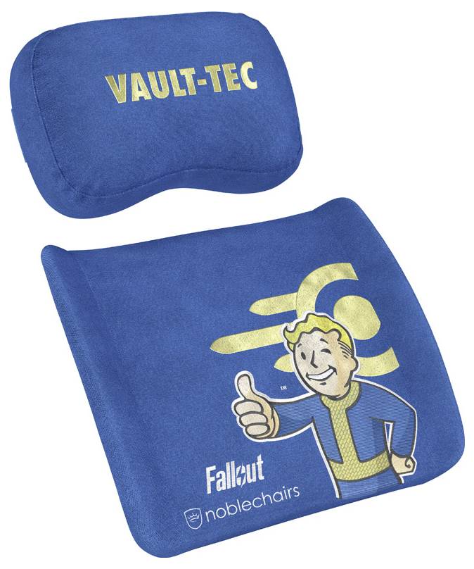 Coussin bleu pour la tête et le dos avec le logo 'VAULT-TEC' et un personnage de bande dessinée portant un costume jaune, faisant un pouce levé. Les logos de marque sont visibles.