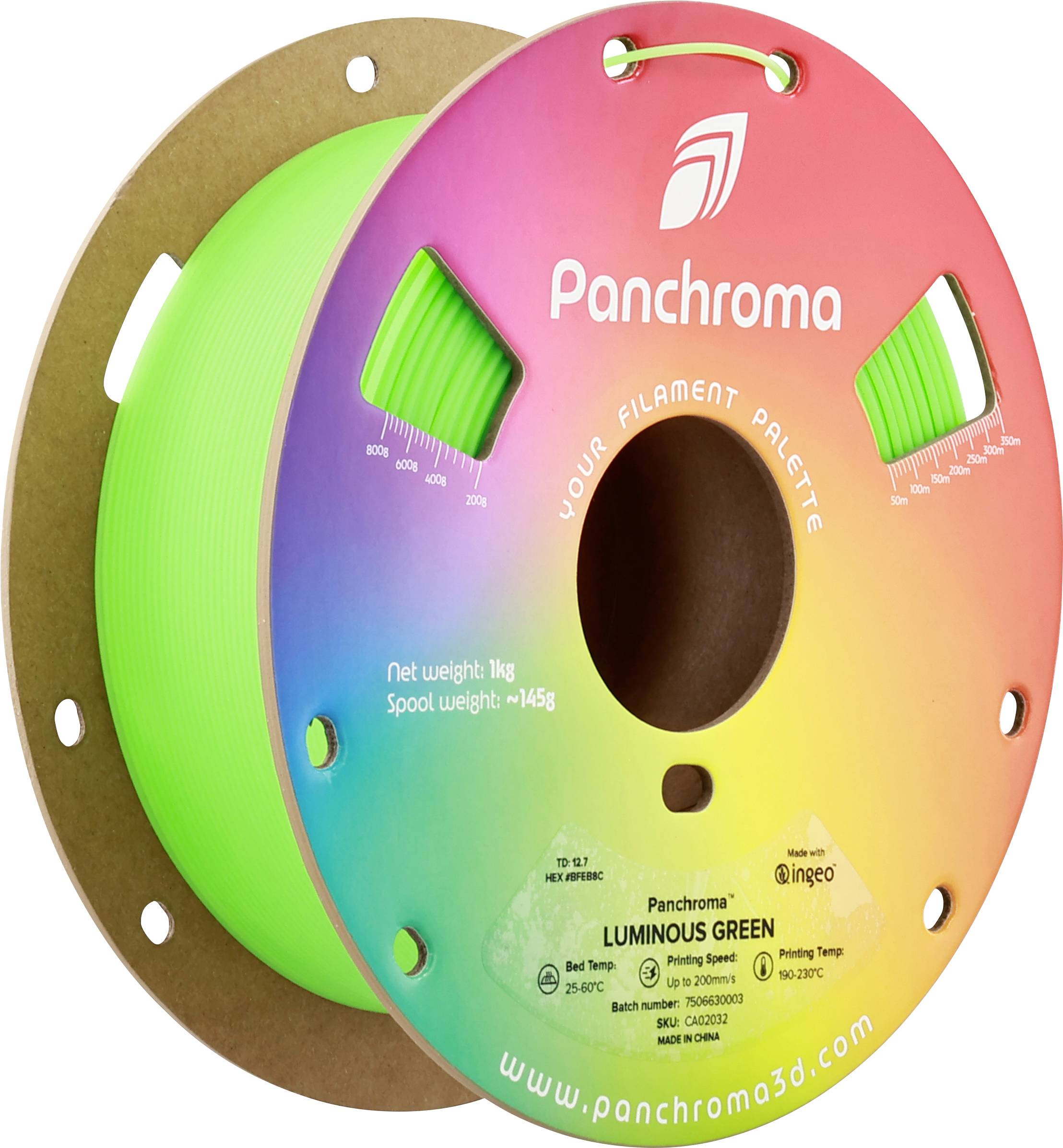 Une bobine de filament d'imprimante 3D vert de Panchroma, poids 1 kg, teinte 'Luminous Green', sur bobine en carton.