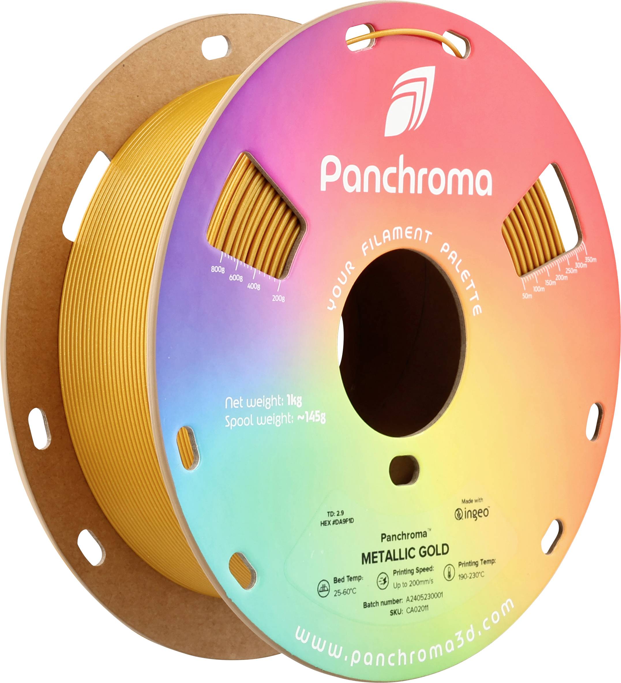Une bobine de filament d'imprimante 3D jaune de Panchroma dans la couleur 'Or Métallique', sur une bobine au design arc-en-ciel.