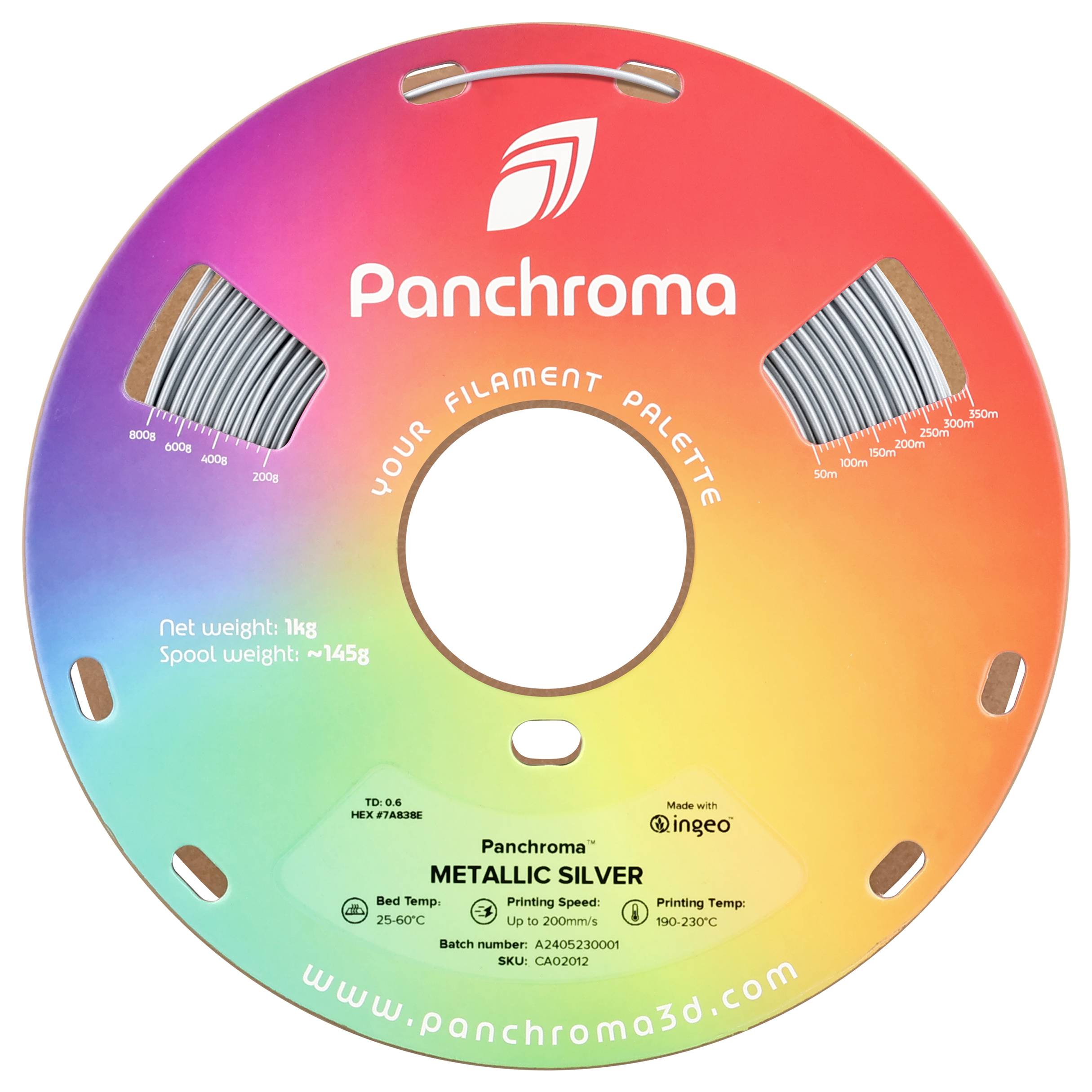 Bobine de filament aux couleurs arc-en-ciel avec l'inscription 'Panchroma'. Texte 'Metallic Silver', poids net 1kg, plage de température 190-230°C.
