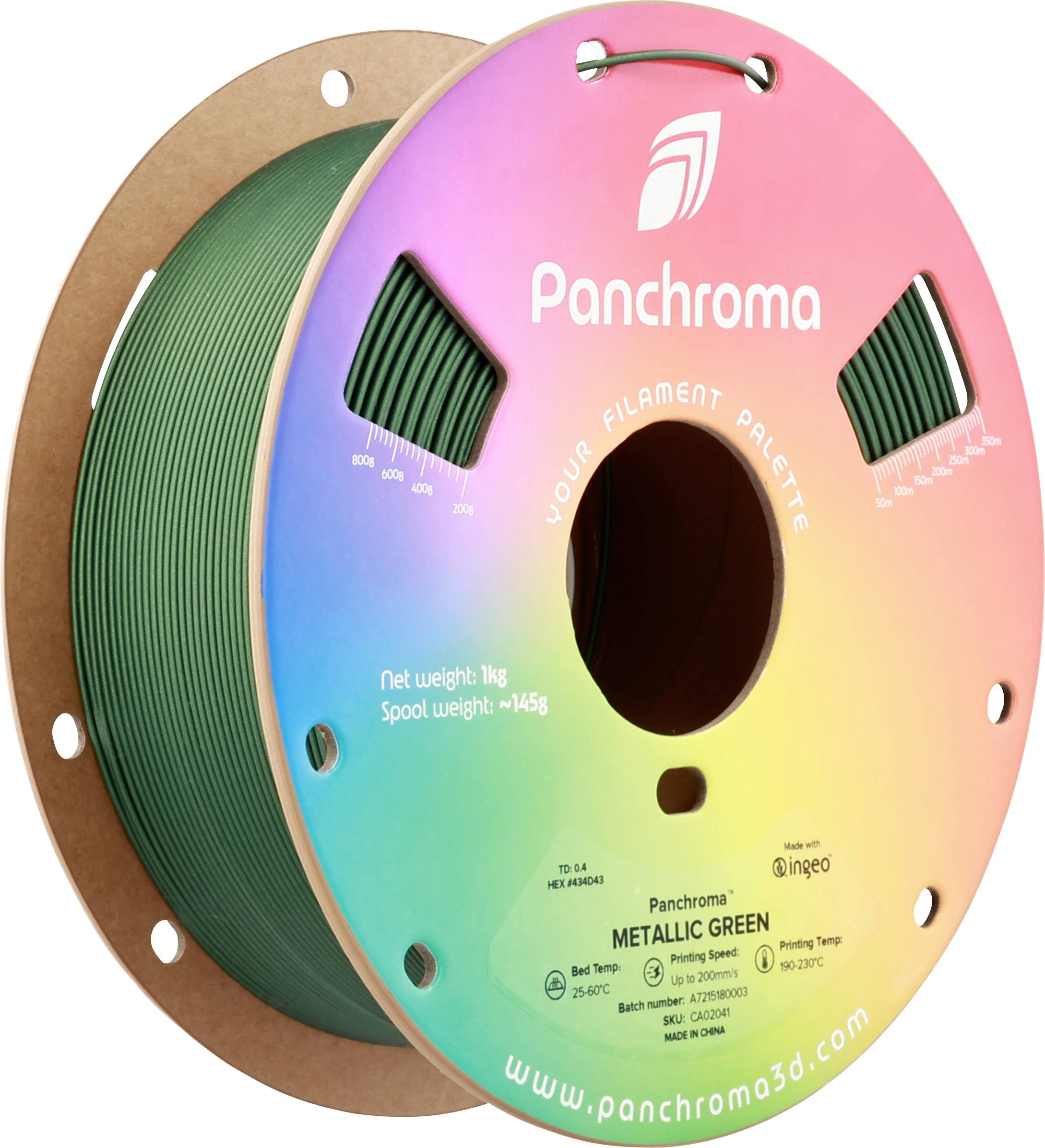 Bobine avec filament vert pour imprimante 3D, sur laquelle est inscrit 'Panchroma Metallic Green'. Contient 1 kg, poids net 1,145 g.