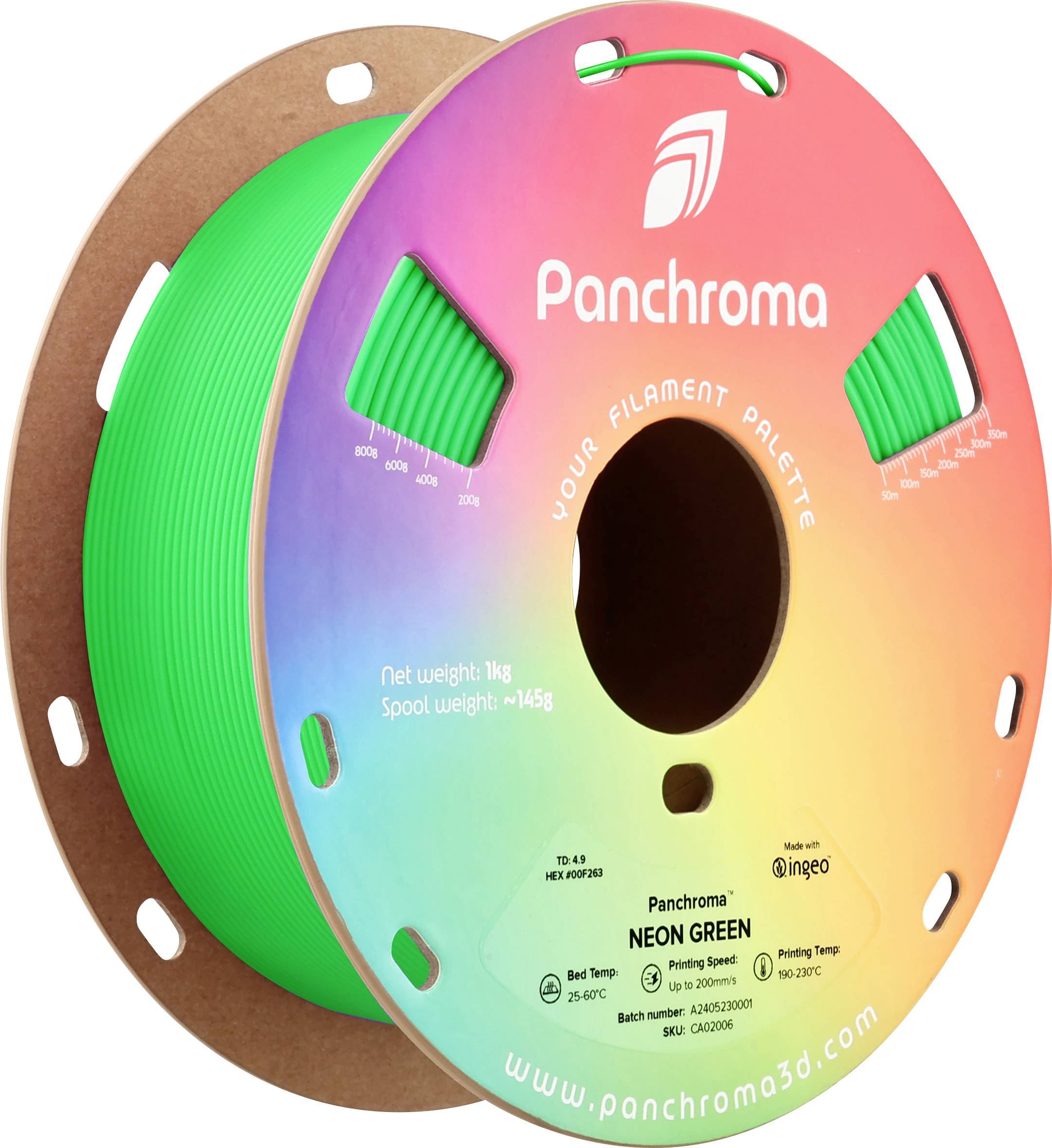 Une bobine de filament d'impression 3D vert avec l'inscription 'Panchroma Neon Green'. L'emballage affiche les détails techniques et les indications de poids.