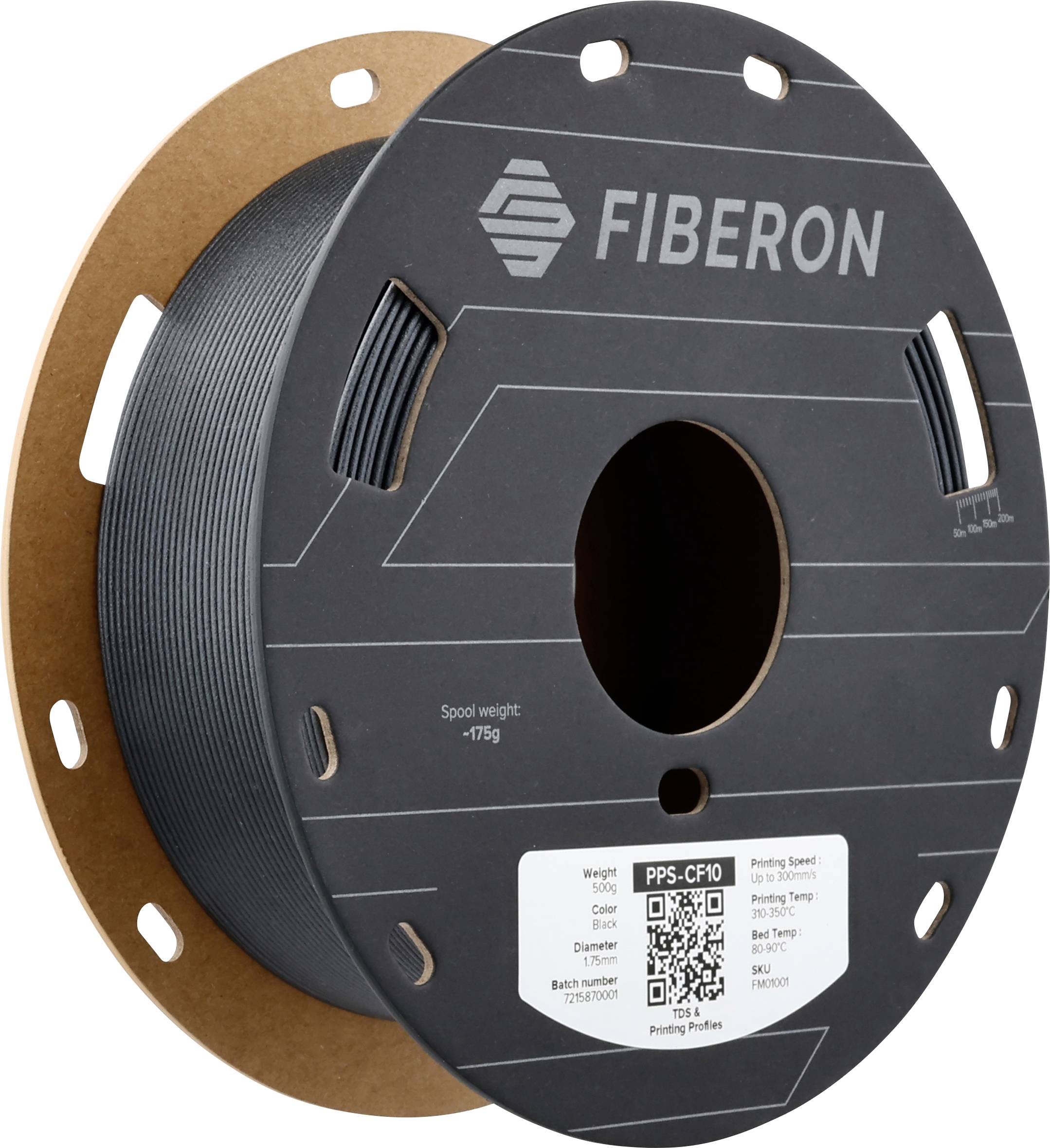 Bobine de filament d'imprimante 3D de Fiberon, couleur gris foncé, étiquette avec code QR et données techniques.