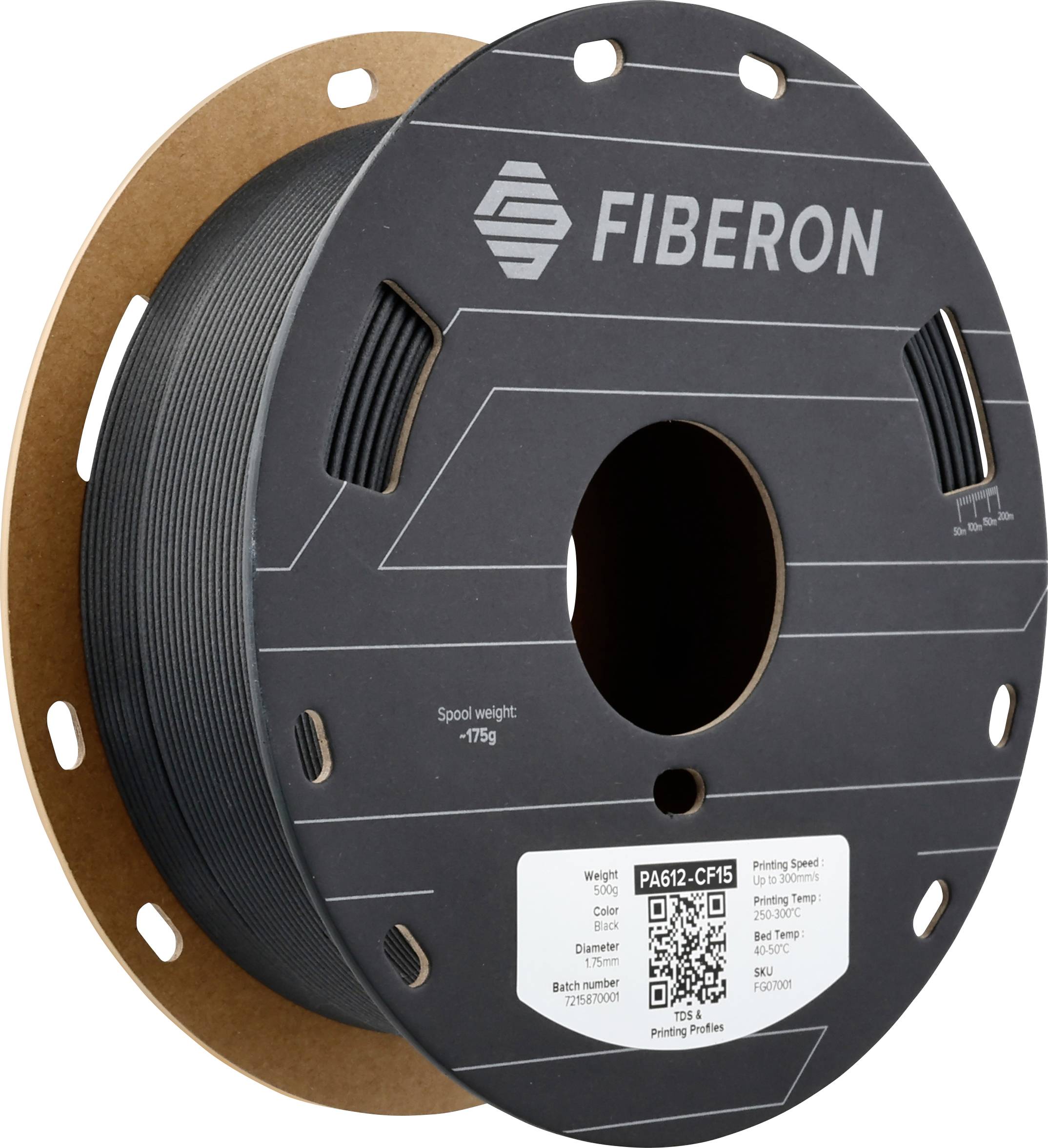 Bobine de fibres noire avec l'inscription 'FIBERON'. Détails sur l'étiquette : Poids env. 750g, Type de matériau PA612-CF15, Code QR présent.