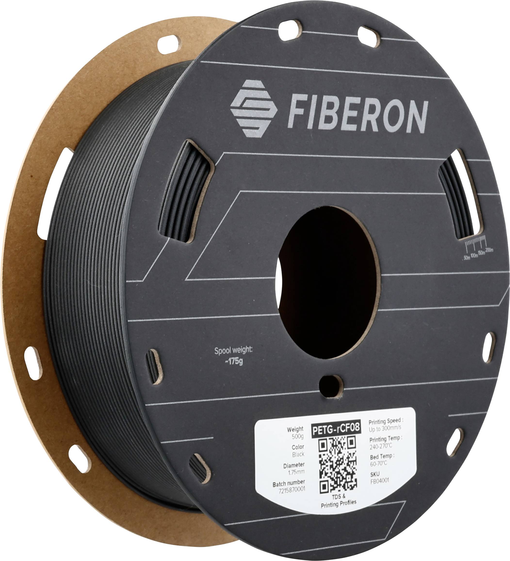 Une bobine de filament noir de FIBERON, idéale pour imprimantes 3D, avec code QR et données techniques sur l'étiquette.