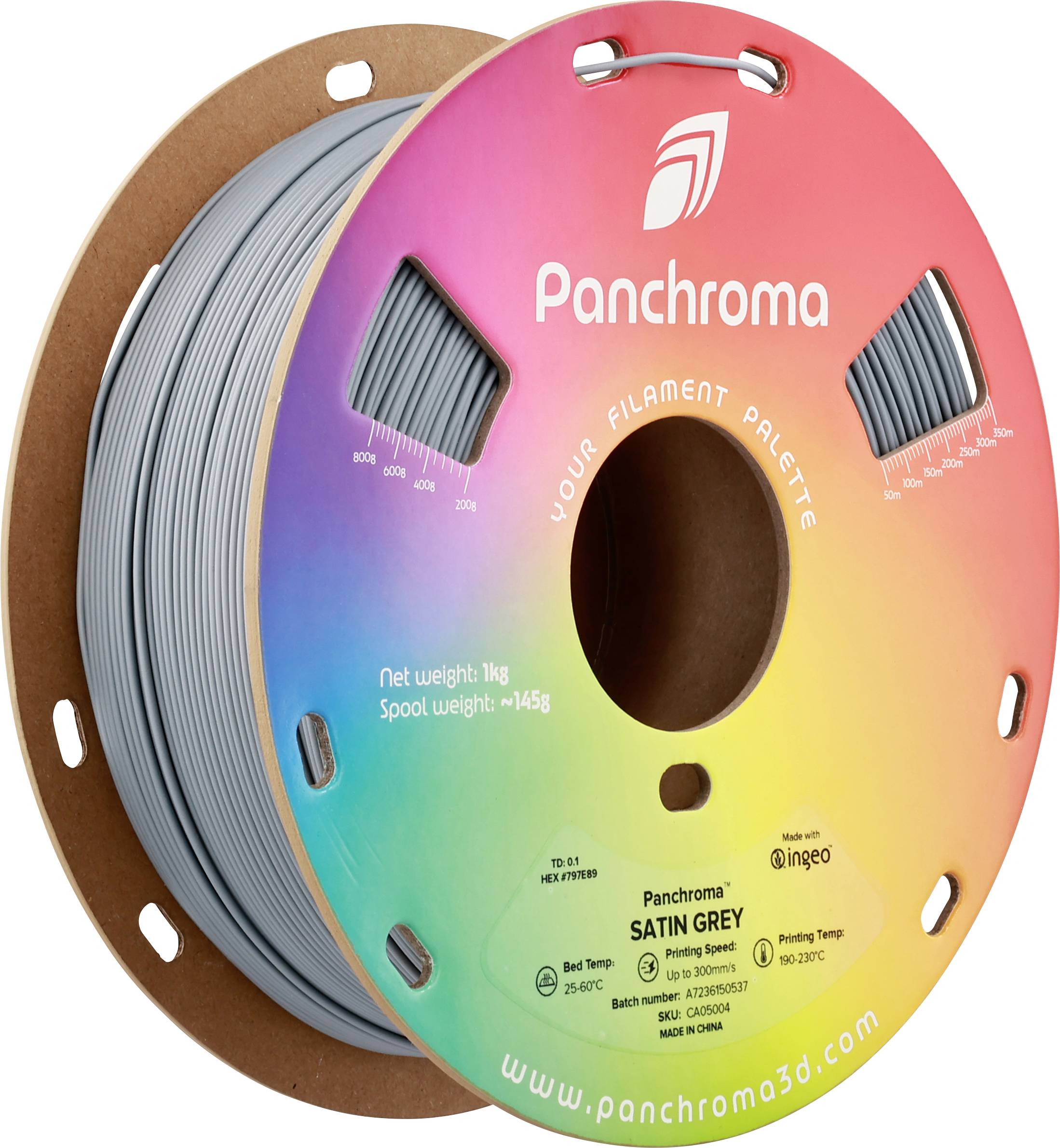Filament d'imprimante 3D 'Panchroma' en Gris Satiné sur une bobine colorée. Poids 1 kg. Site web : www.panchroma3d.com.