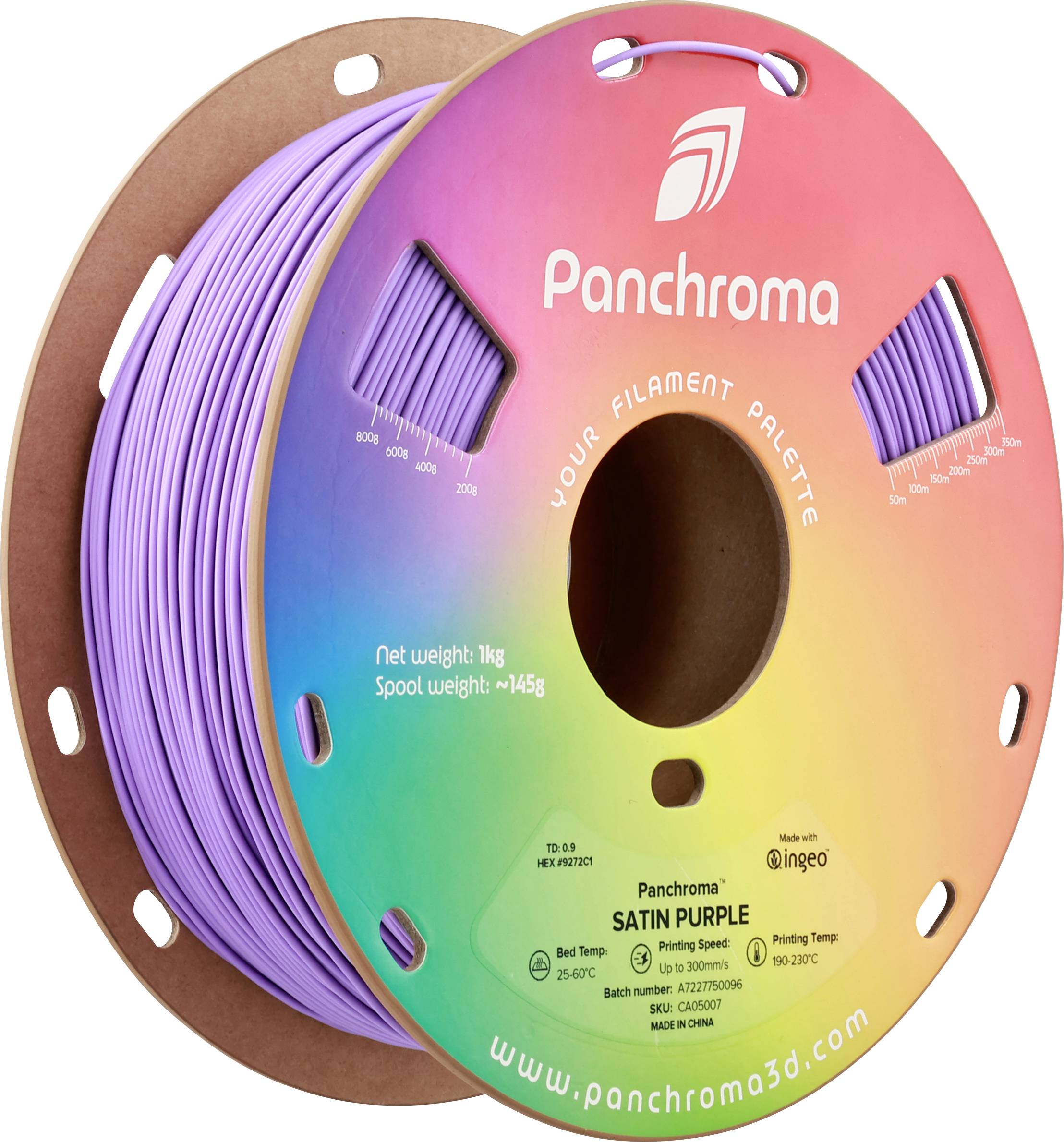 Bobine de filament Panchroma en Violet Satiné, 1 kg. Contient le logo du fabricant et le site web. Idéal pour les projets d'impression 3D.