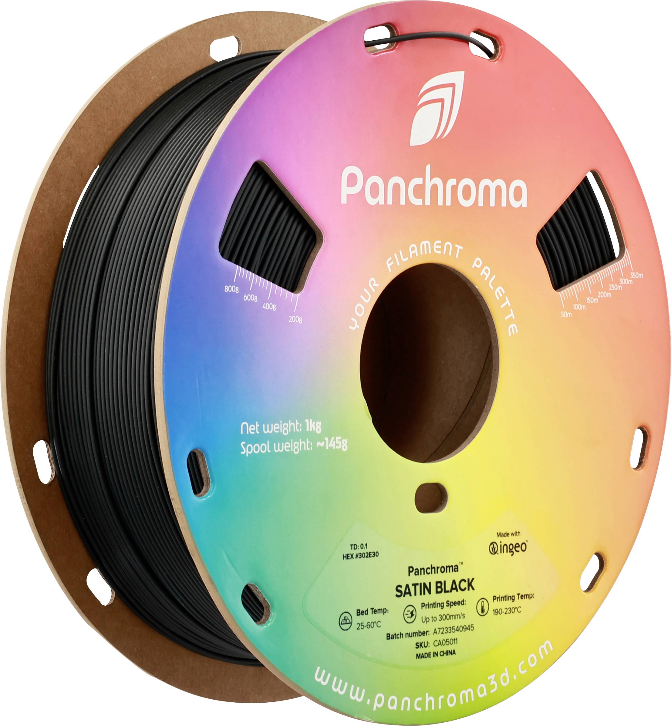 Bobine de filament pour imprimante 3D 'Panchroma', dégradé de couleurs arc-en-ciel, étiquetage 'Satin Black', poids net 1 kg.