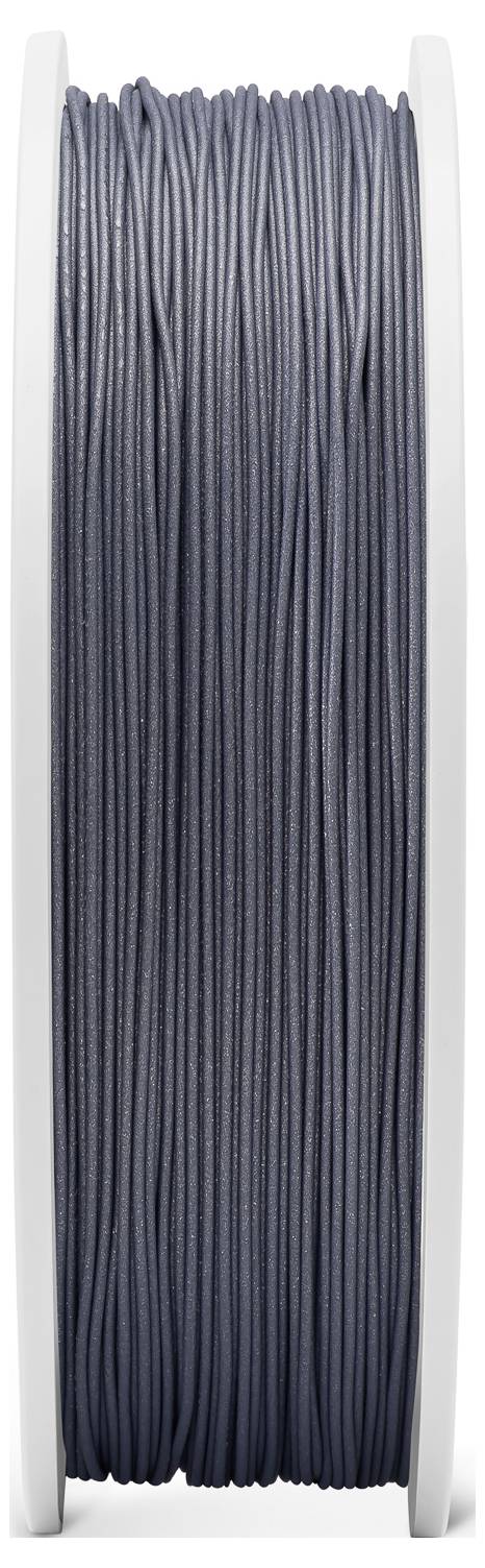 Une bobine de filament d'imprimante 3D gris, proprement enroulée entre deux disques blancs. Adaptée pour une utilisation dans les imprimantes 3D.