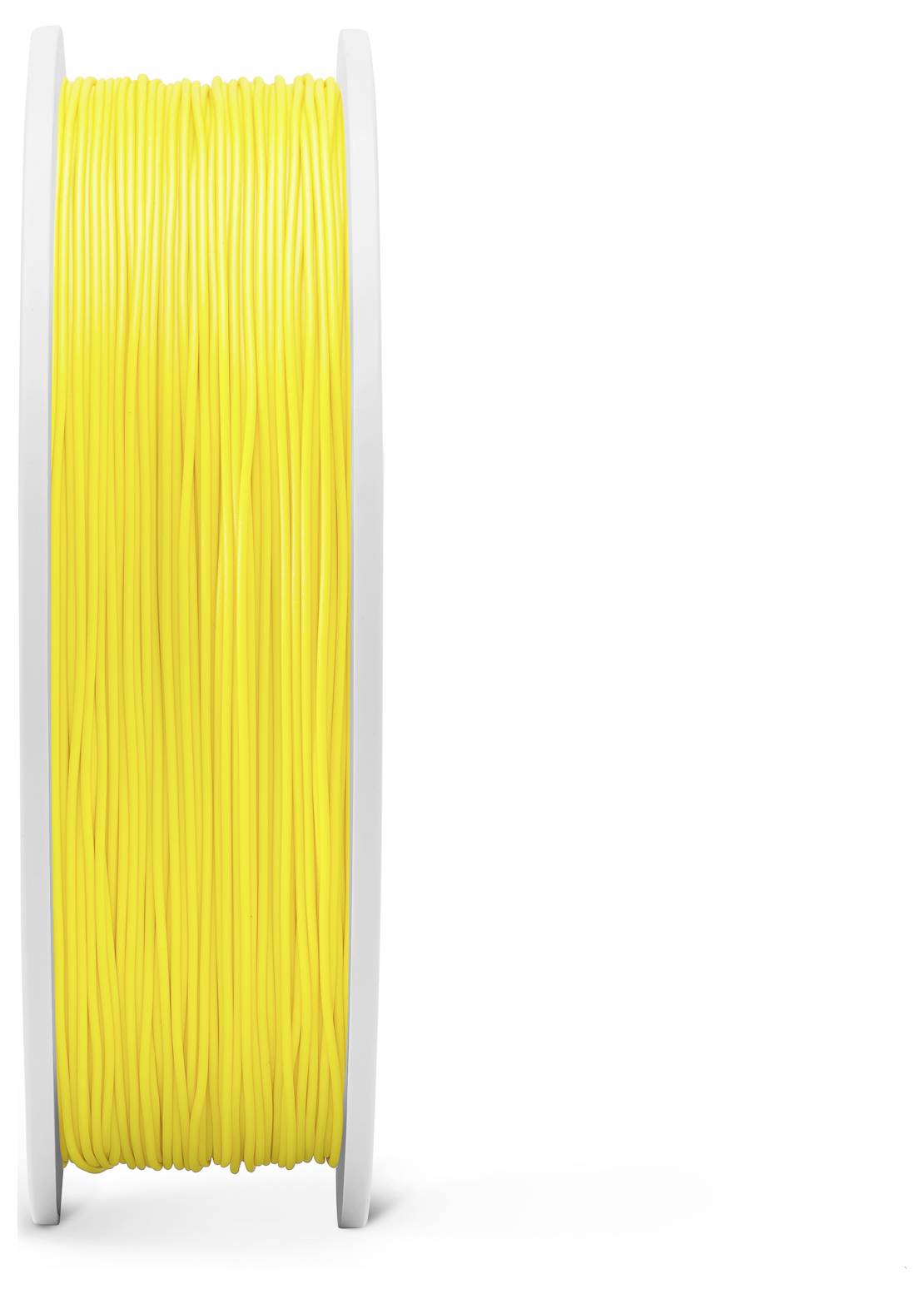 Une bobine de filament jaune pour imprimante 3D, positionnée verticalement sur un fond blanc.
