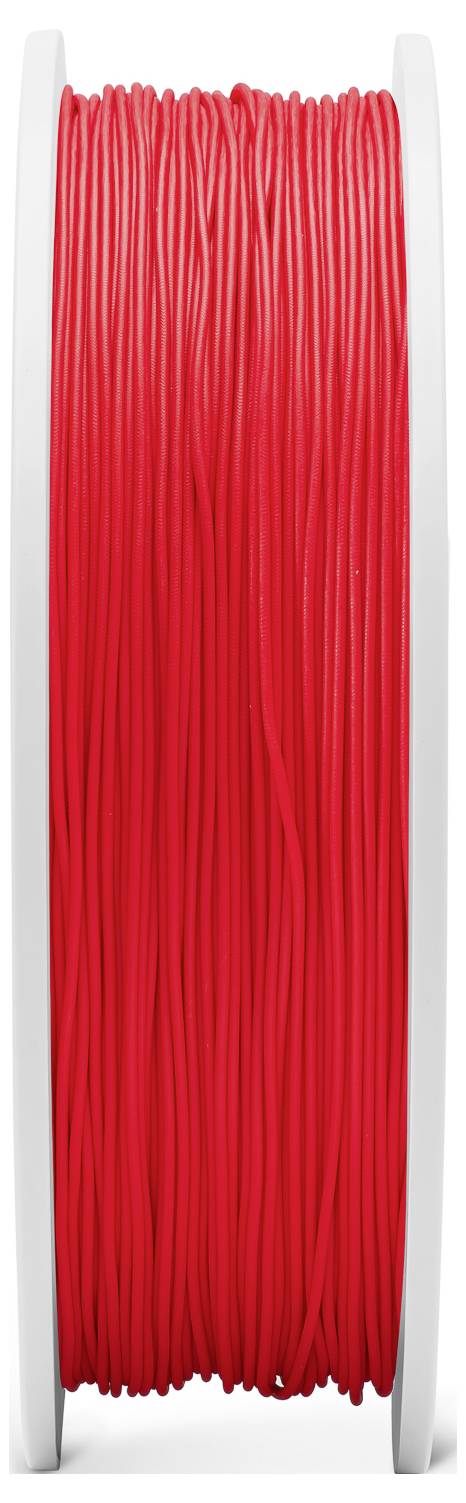Bobine de filament rouge pour imprimante 3D en gros plan, orientée verticalement.