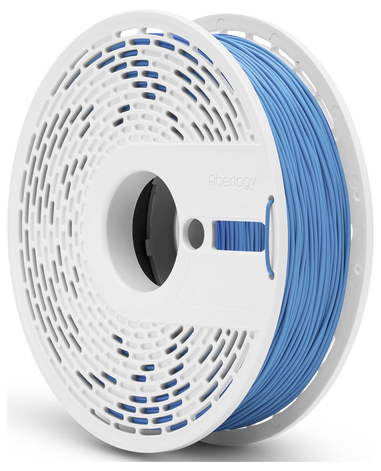 Bobine avec filament d'impression 3D bleu, représentée de profil.