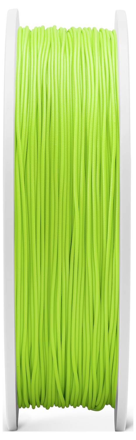 Une bobine de filament vert brillant pour imprimante 3D, montrée de profil.