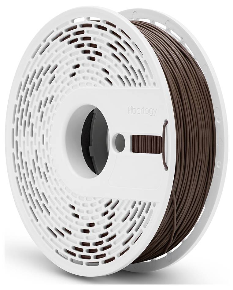 Bobine en plastique blanc avec filament marron, adaptée à l'impression 3D, sur laquelle un logo 'fiberlogy' est visible.