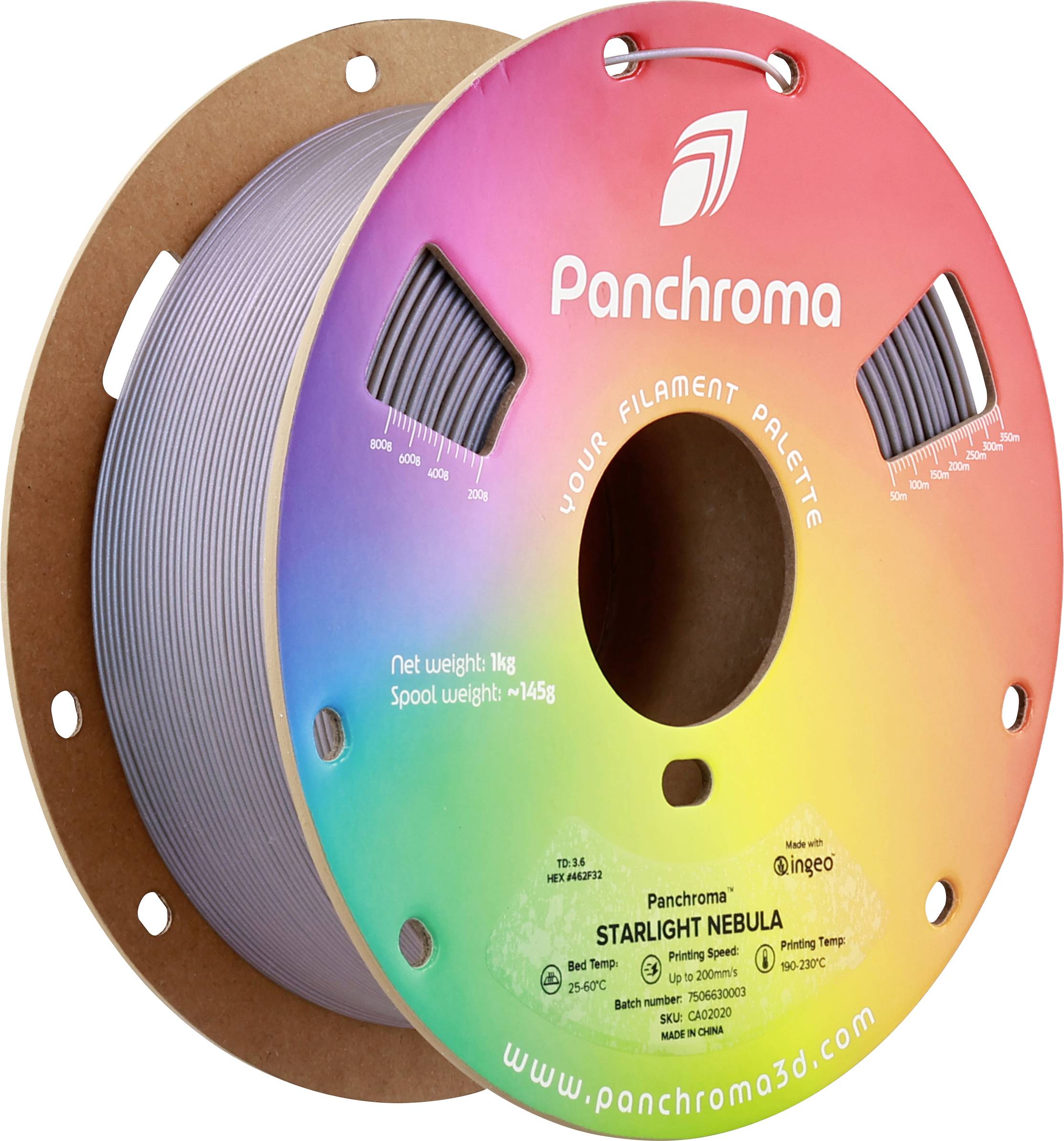 Une bobine de filament colorée de Panchroma, modèle 'Starlight Nebula', d'un poids de 1kg et avec des températures d'impression recommandées.
