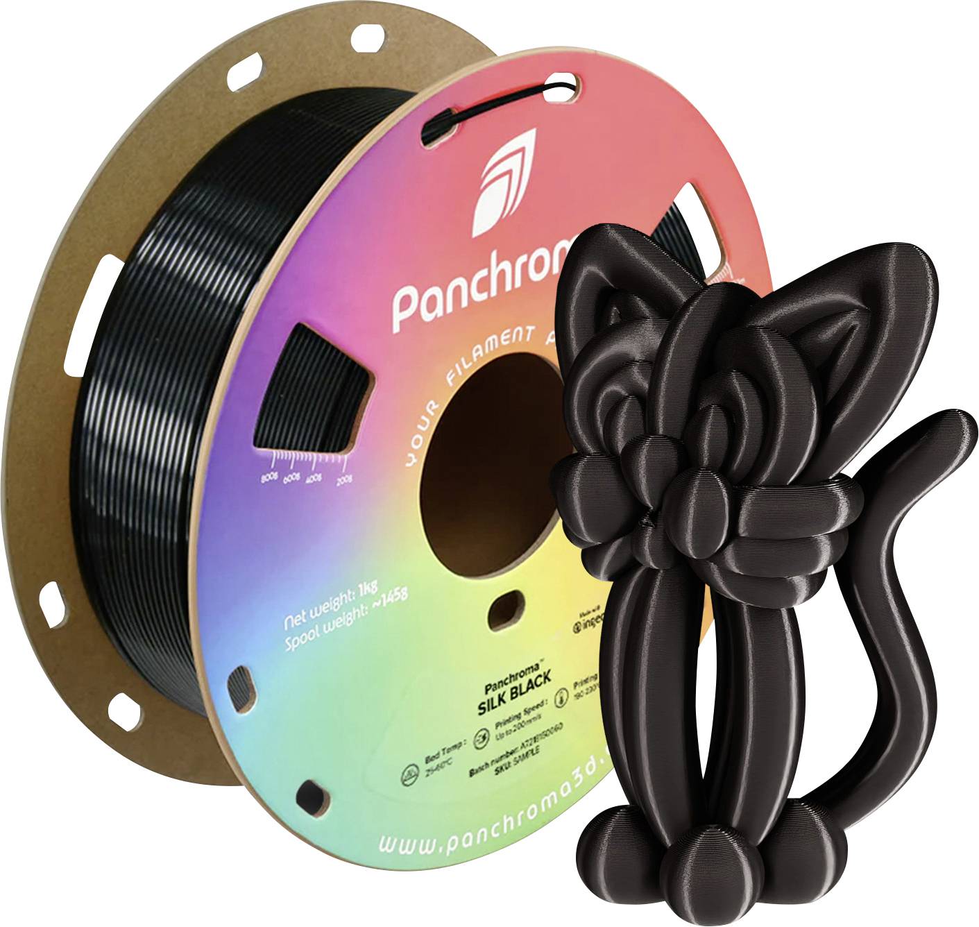 Filament 'Panchrom' à l'aspect soie noire sur une bobine, à côté d'une figurine de chat noire imprimée en 3D.